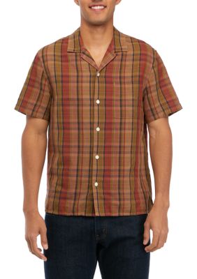 Short Sleeve Linen Madras Plaid Button Down Shirt