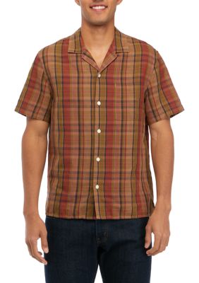 Lucky Brand Men's Short Sleeve Linen Madras Plaid Button Down Shirt, XL