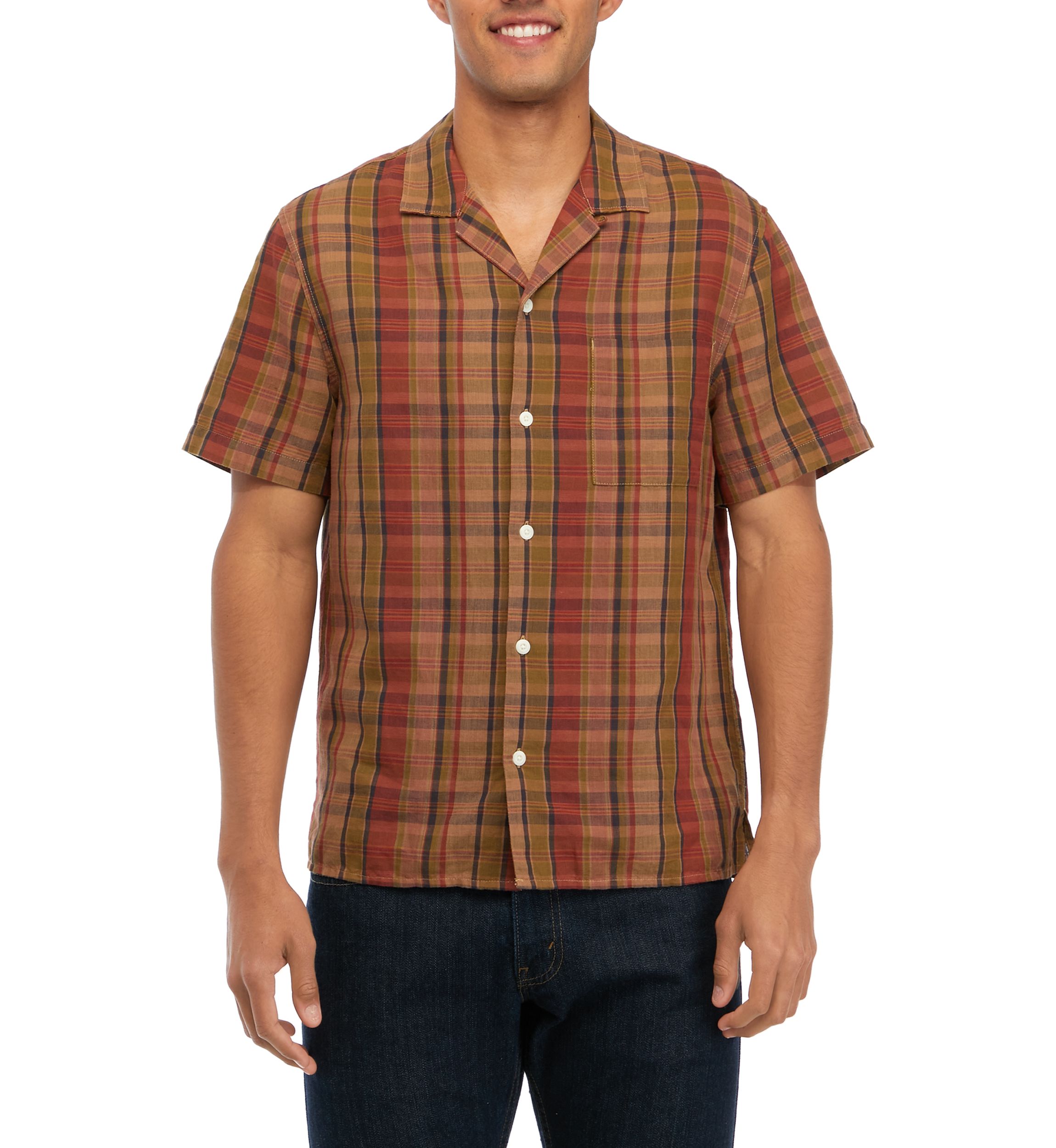 Short Sleeve Linen Madras Plaid Button Down Shirt