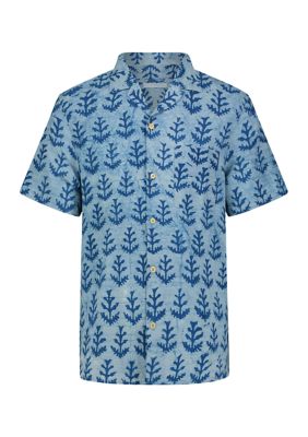 Lucky Brand Men's Indigo Printed Short Sleeve Collared Camp Shirt