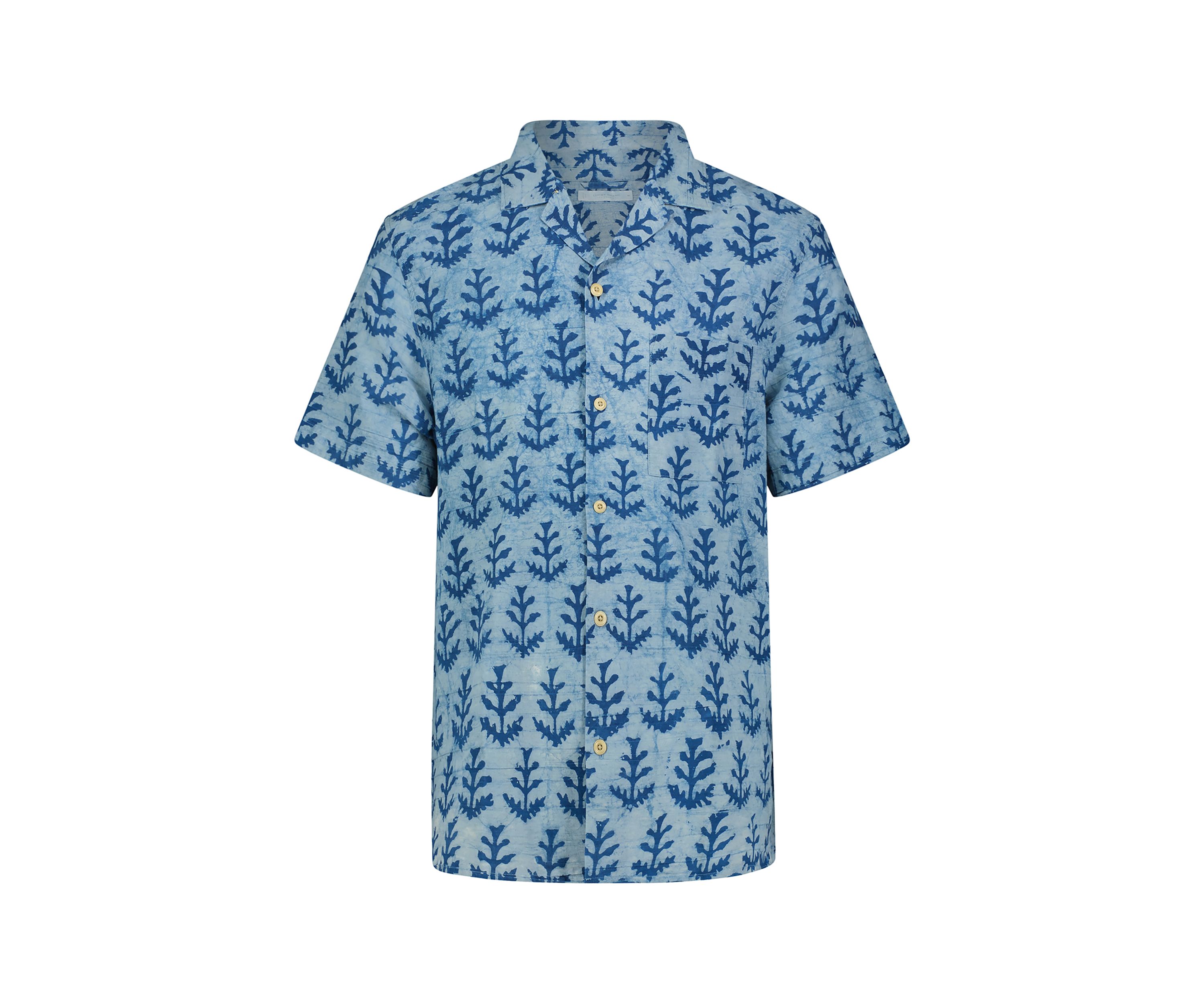 Indigo Printed Short Sleeve Collared Camp Shirt