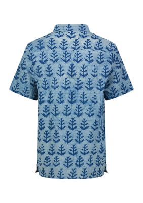 Indigo Printed Short Sleeve Collared Camp Shirt