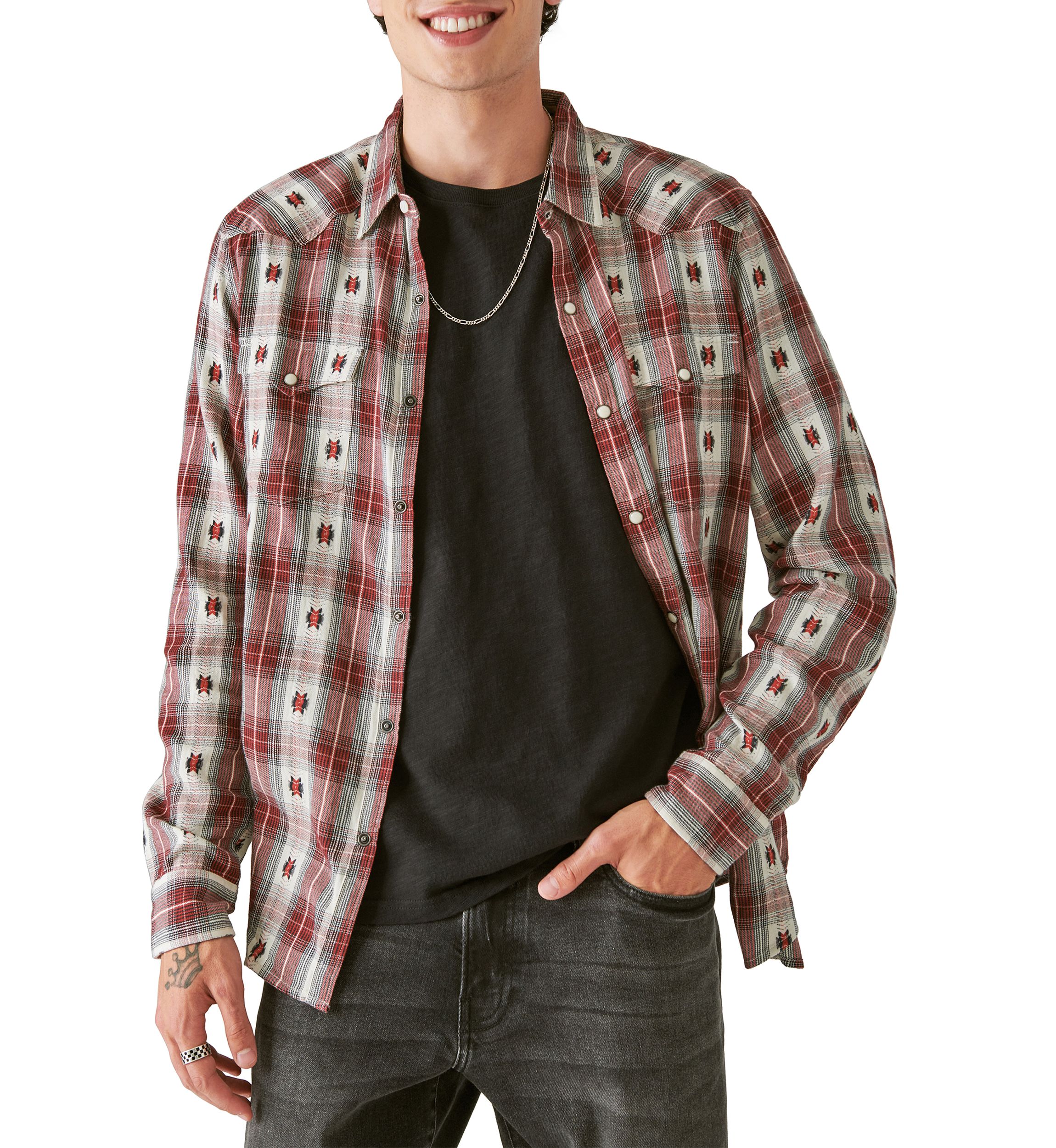 Plaid Dobby Western Long Sleeve Shirt