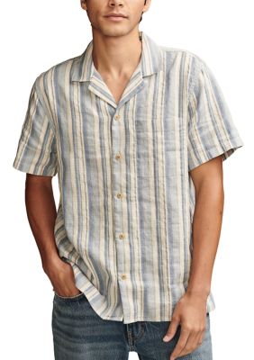 Lucky Brand Men's Striped Linen Camp Shirt, Blue, Small