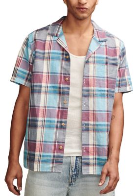 Lucky Brand Men's Plaid Linen Camp Shirt, Medium