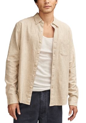 Lucky Brand Men's Railroad Stripe Linen One Pocket Long Sleeve Shirt, Blue, 2XL