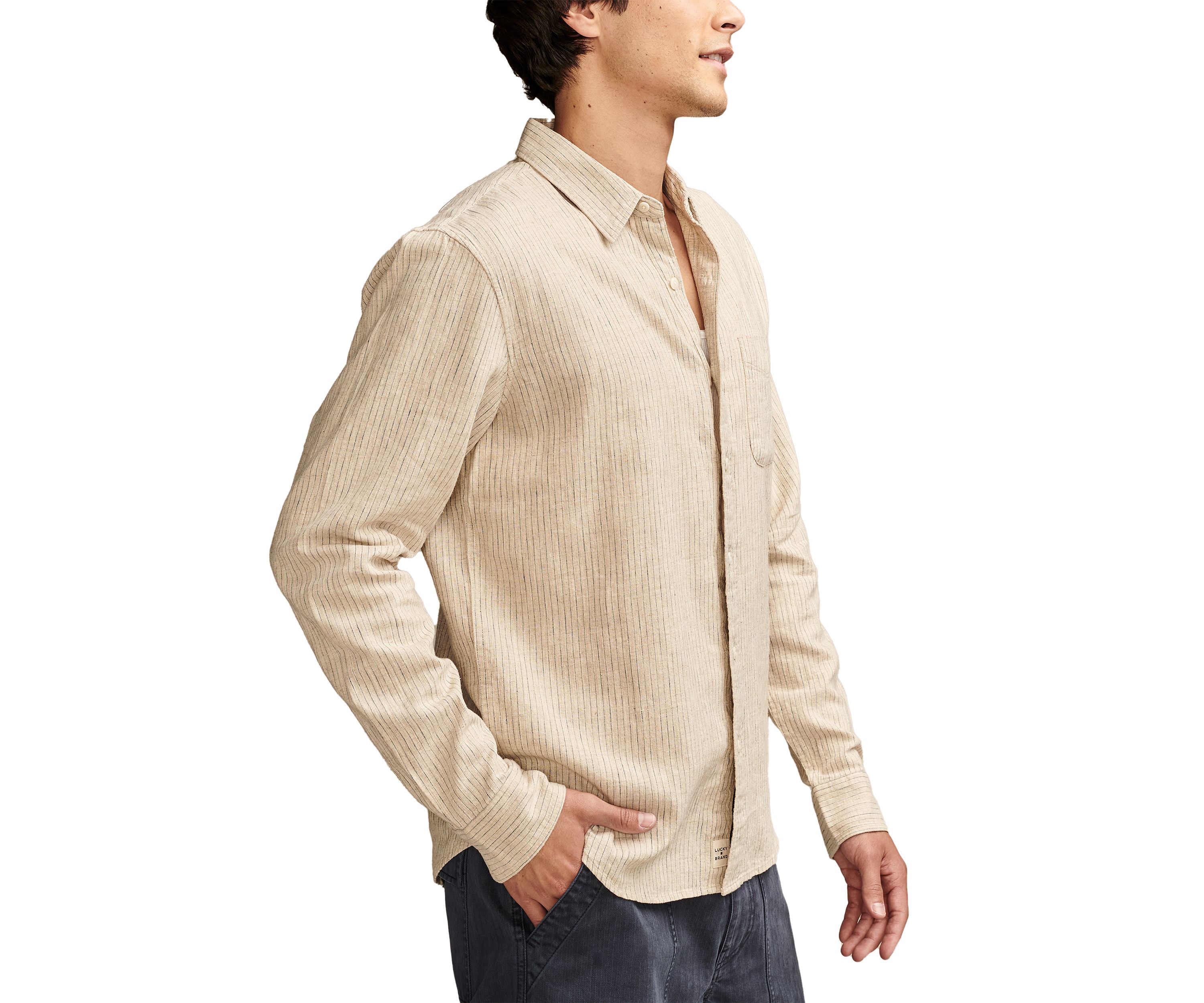 Railroad Stripe Linen One Pocket Long Sleeve Shirt