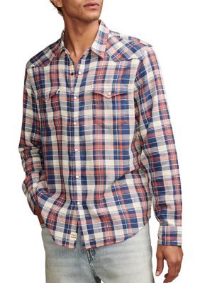 Lucky Brand Men's Plaid Indigo Western Shirt, Medium