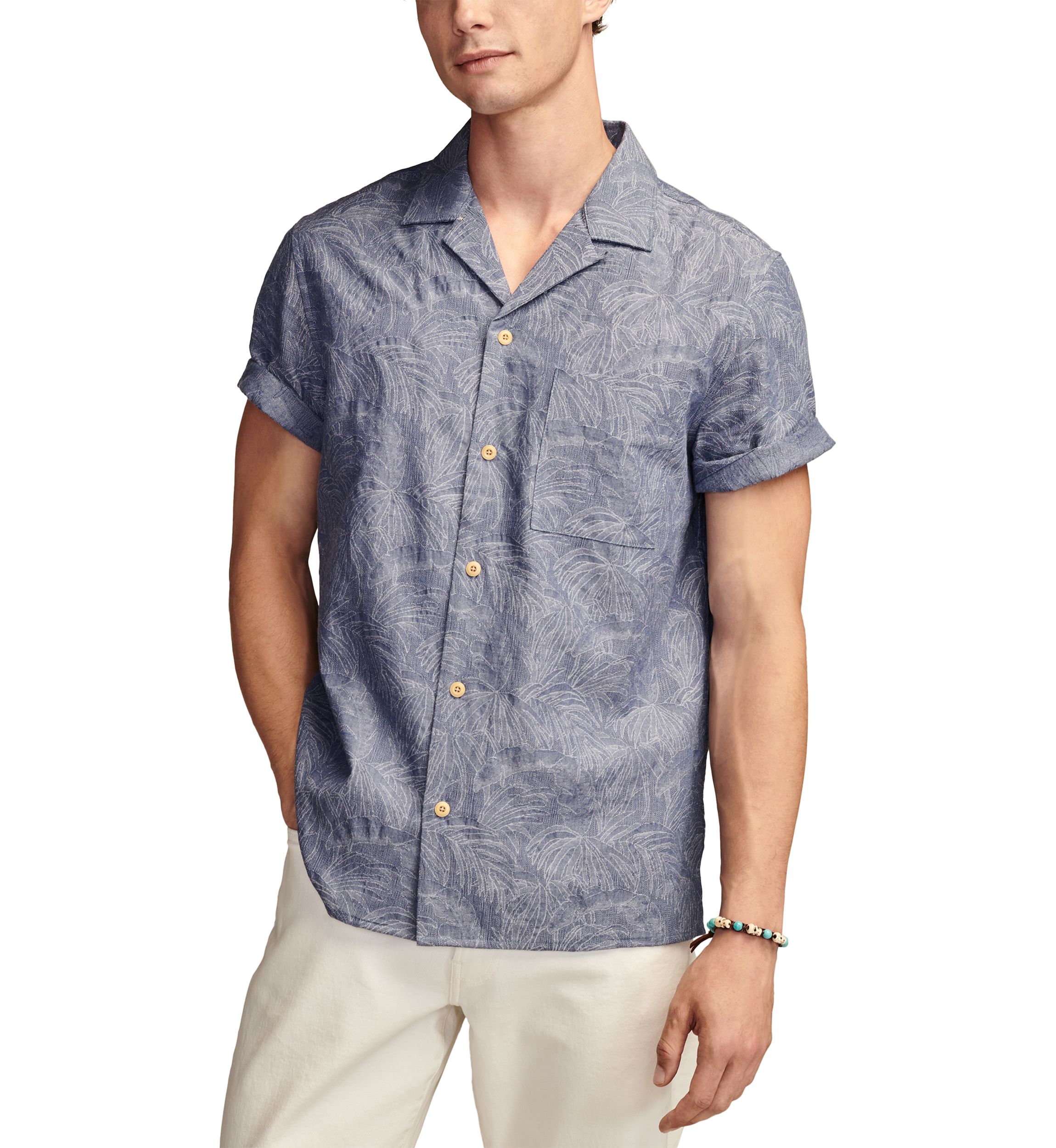 Tropical Leaf Jacquard Printed Button Up Shirt 