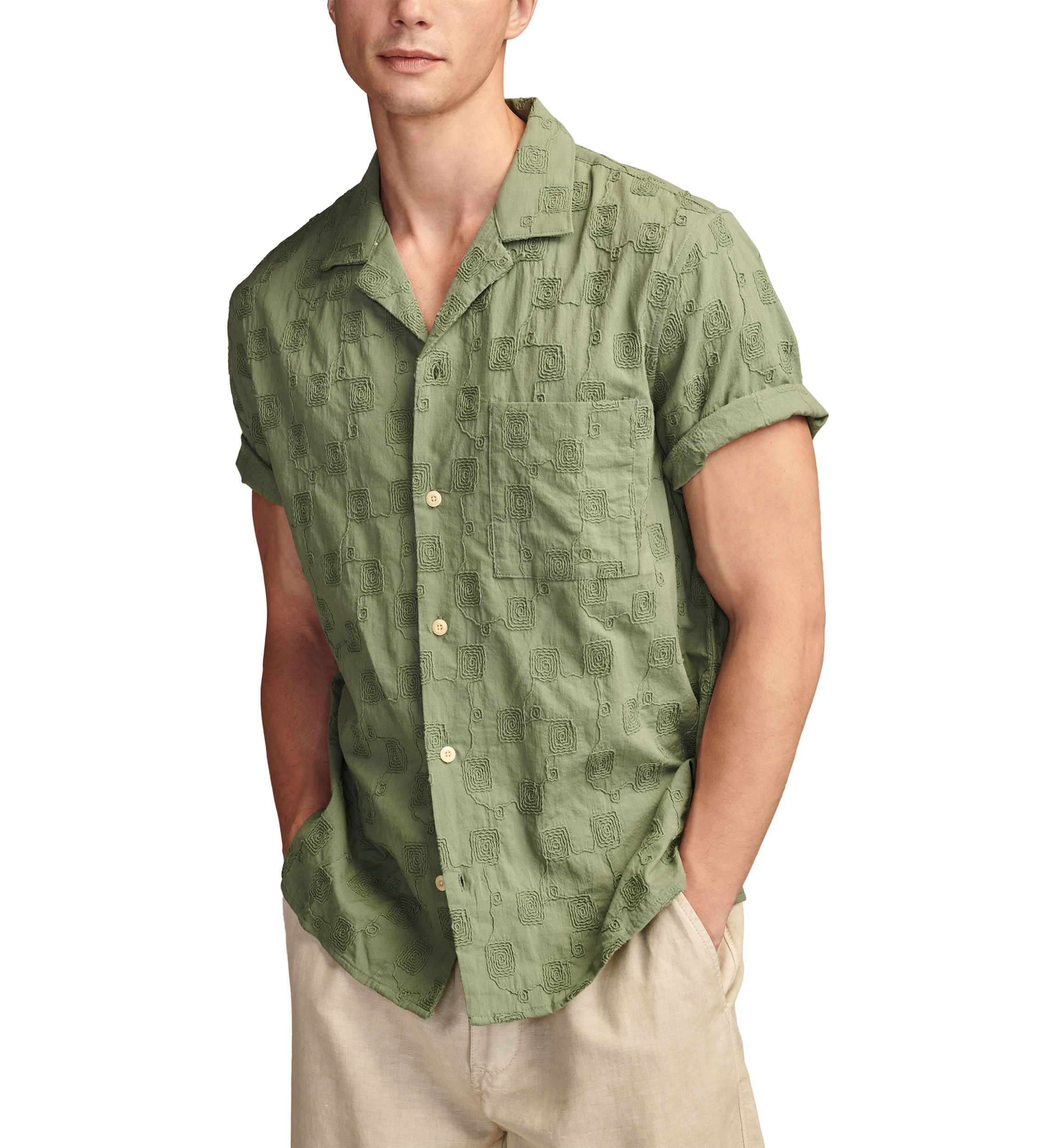 Embroidered Camp Collar Textured Short Sleeve Shirt