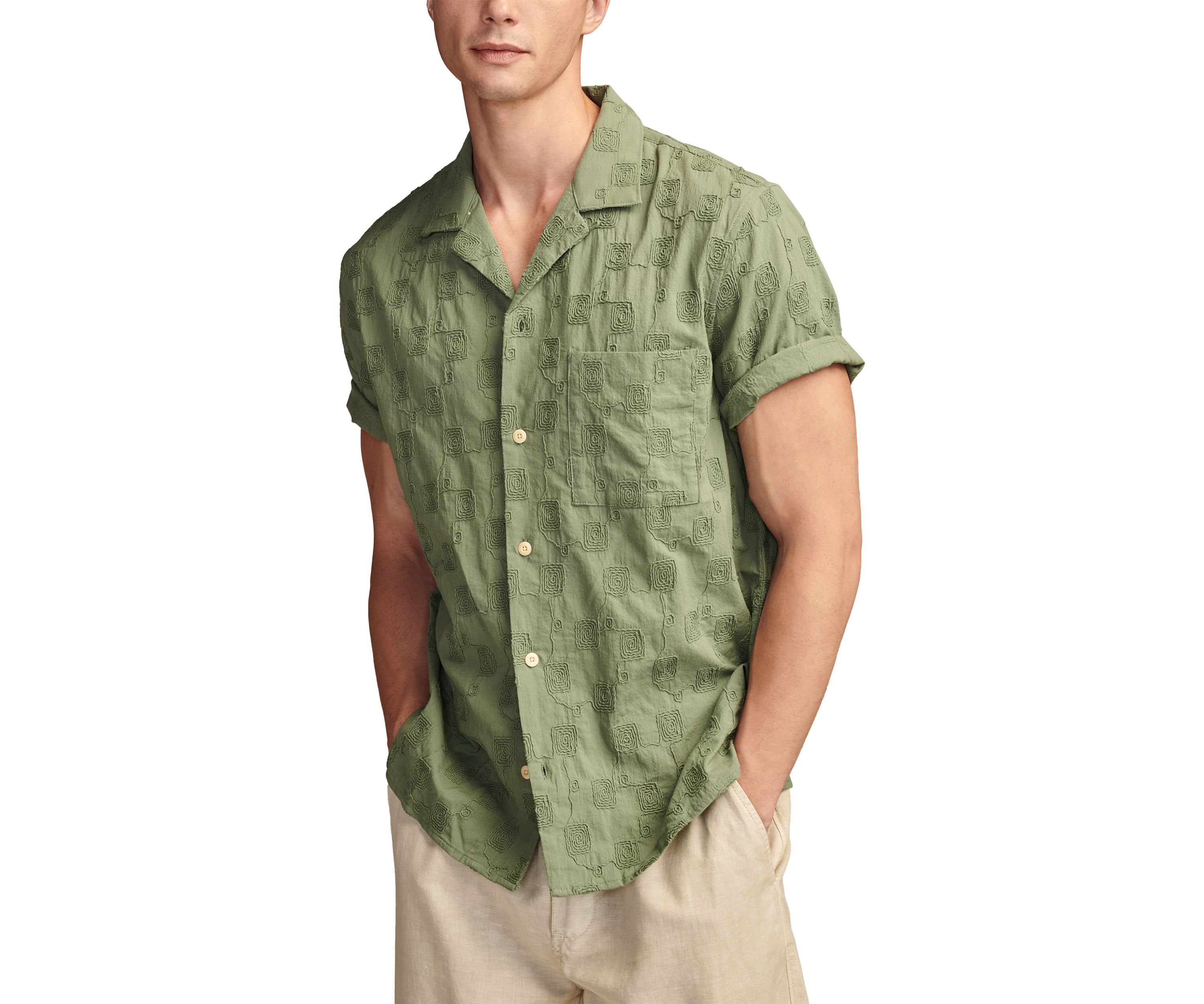 Embroidered Camp Collar Textured Short Sleeve Shirt