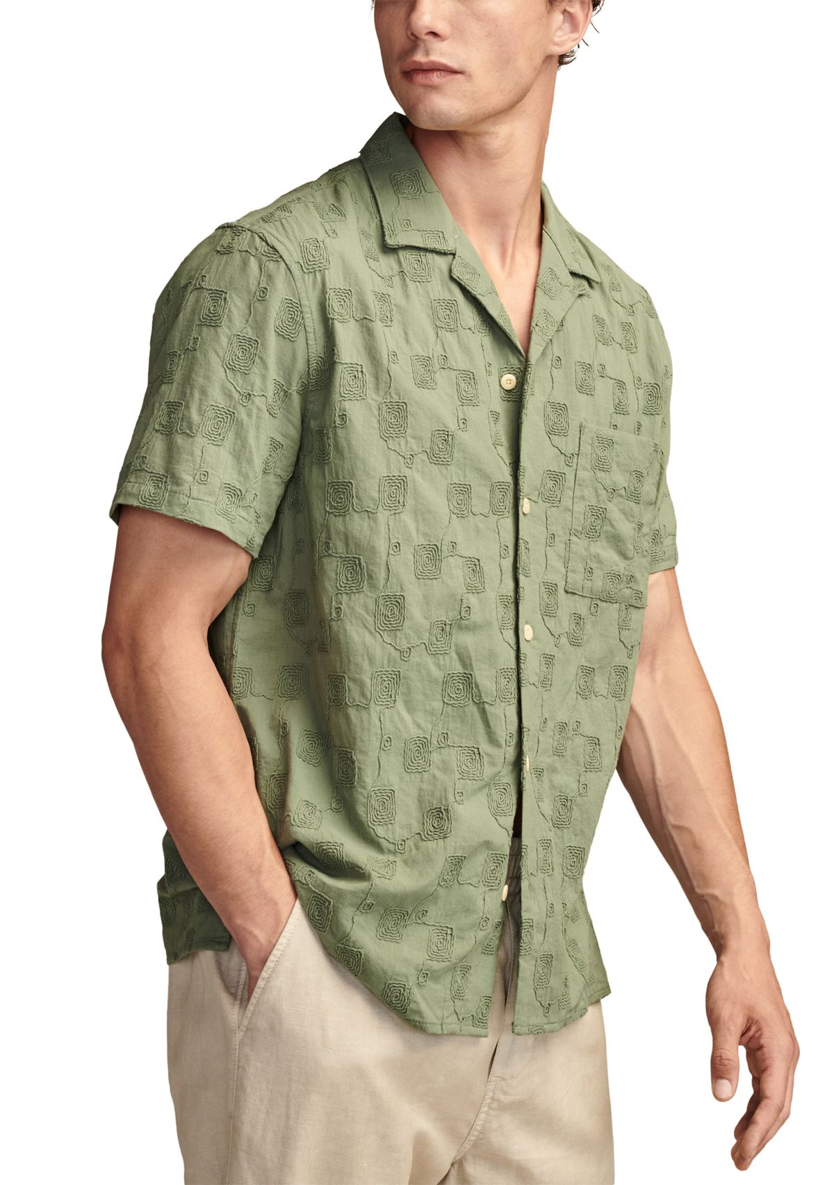 Embroidered Camp Collar Textured Short Sleeve Shirt