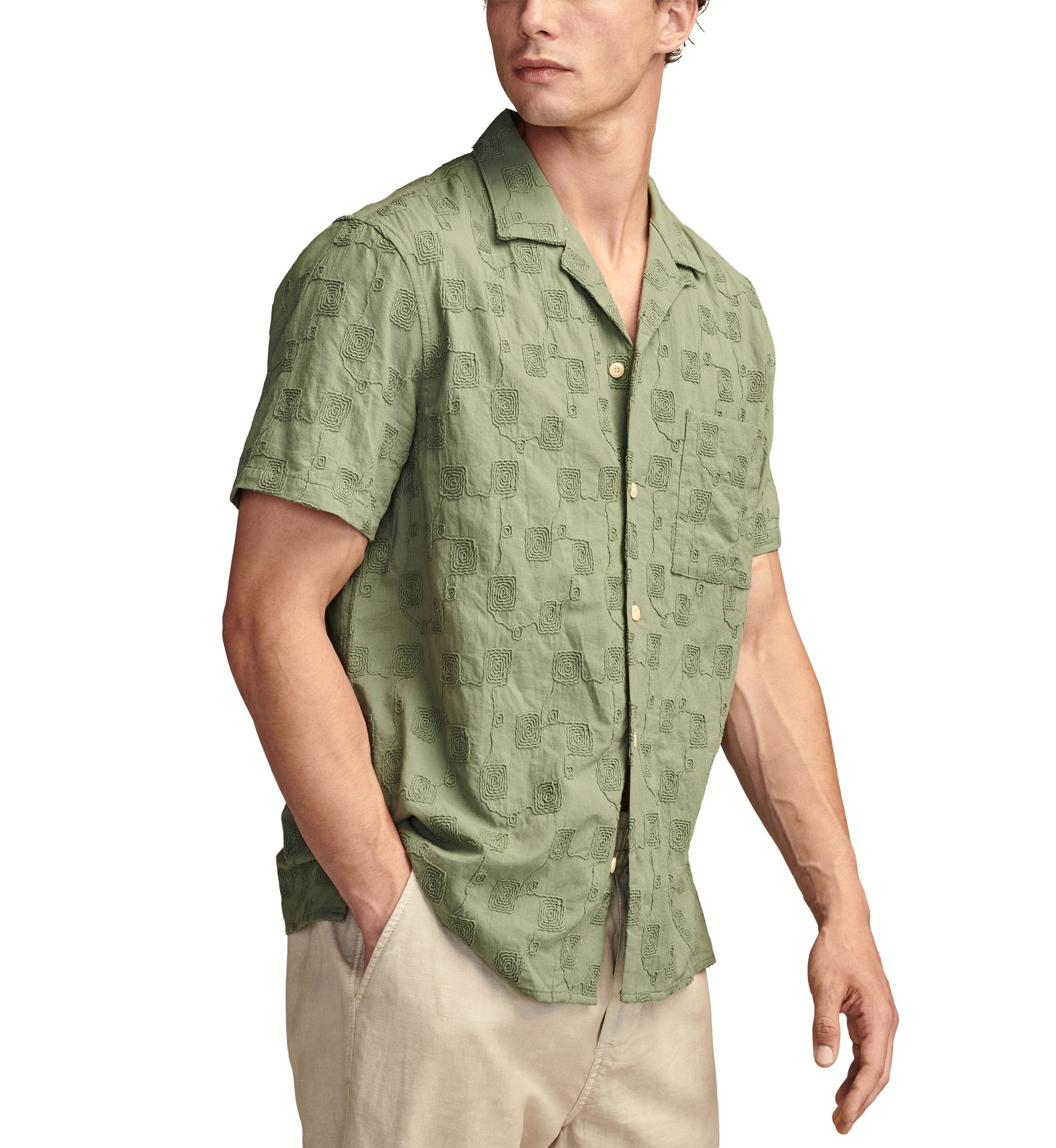 Embroidered Camp Collar Textured Short Sleeve Shirt