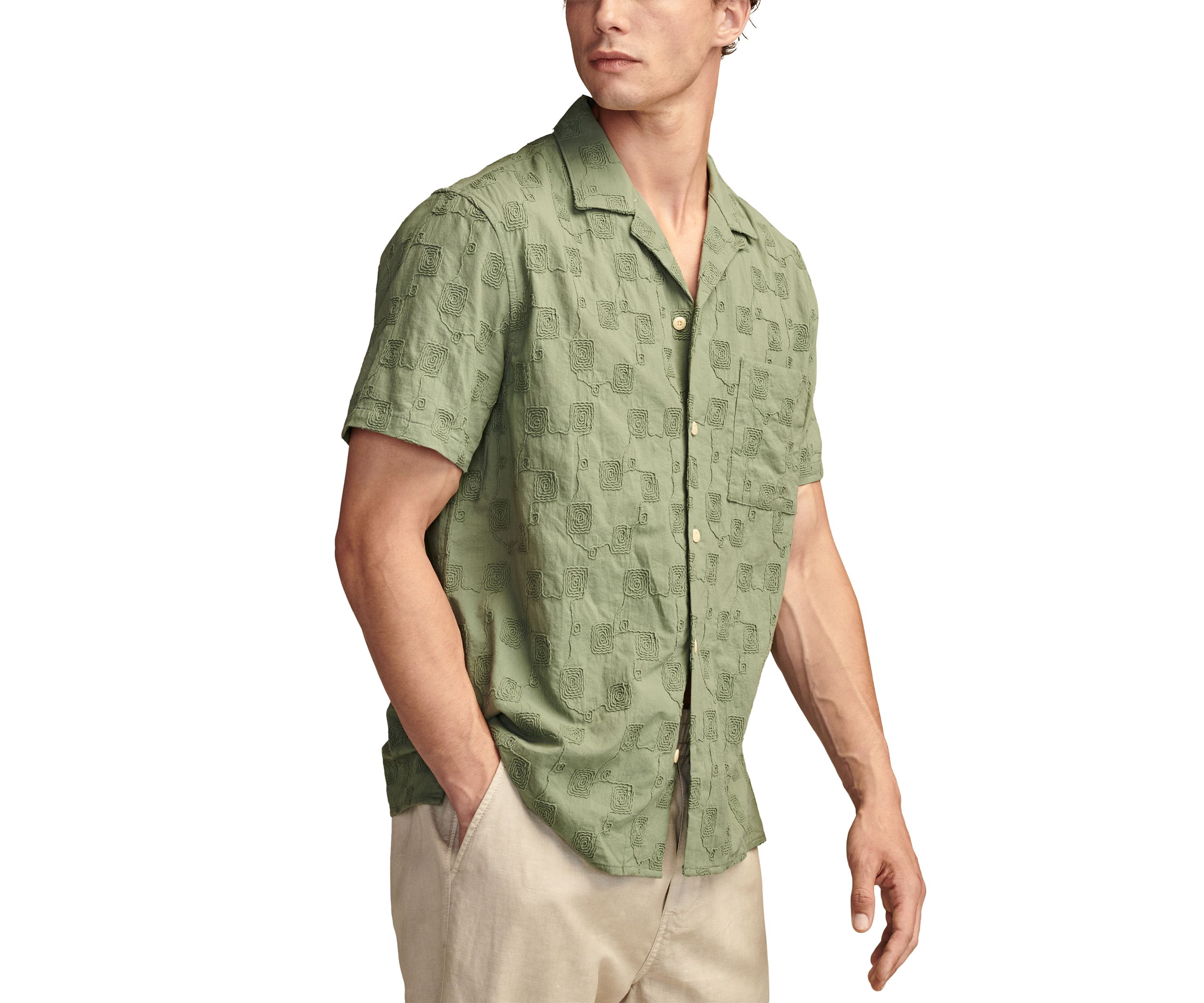 Embroidered Camp Collar Textured Short Sleeve Shirt