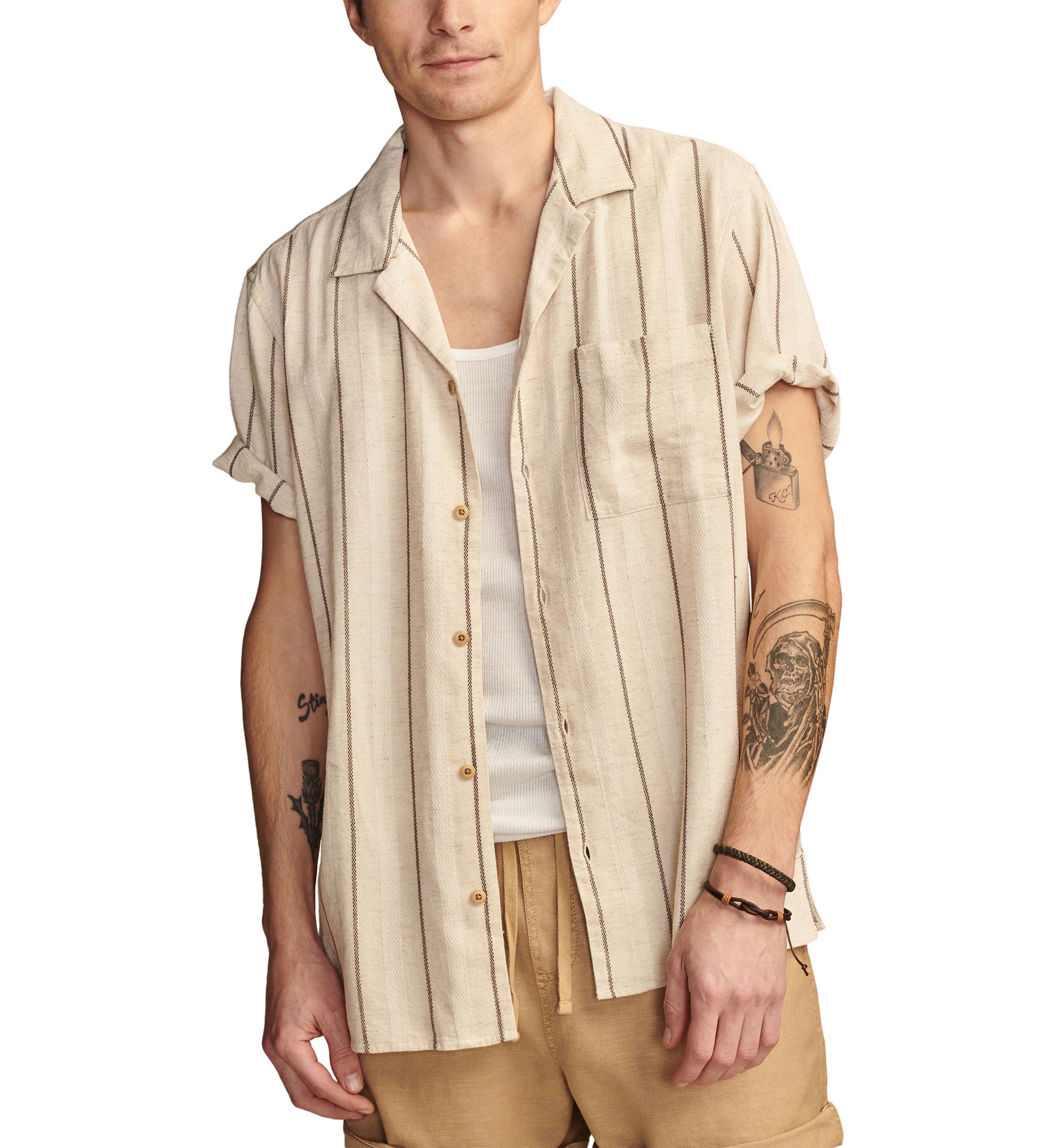 Short Sleeve Natural Stripe Button Down Shirt