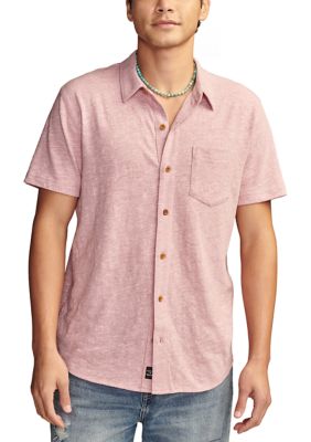 Lucky Brand Men's Linen Short Sleeve Button Up Shirt, Red, Medium