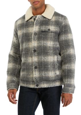 Plaid Faux Shearling Lined Trucker Jacket