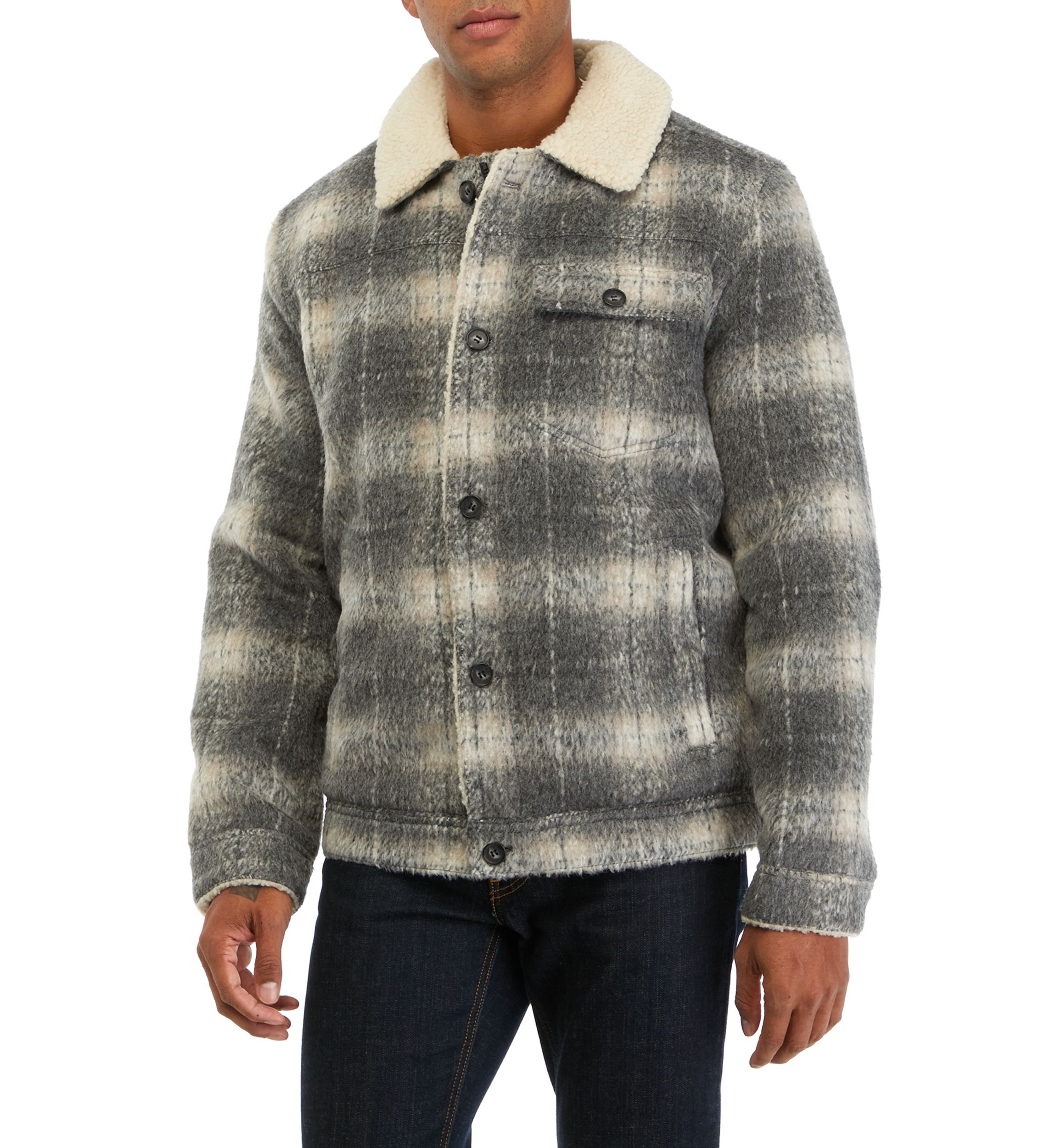 Plaid Faux Shearling Lined Trucker Jacket