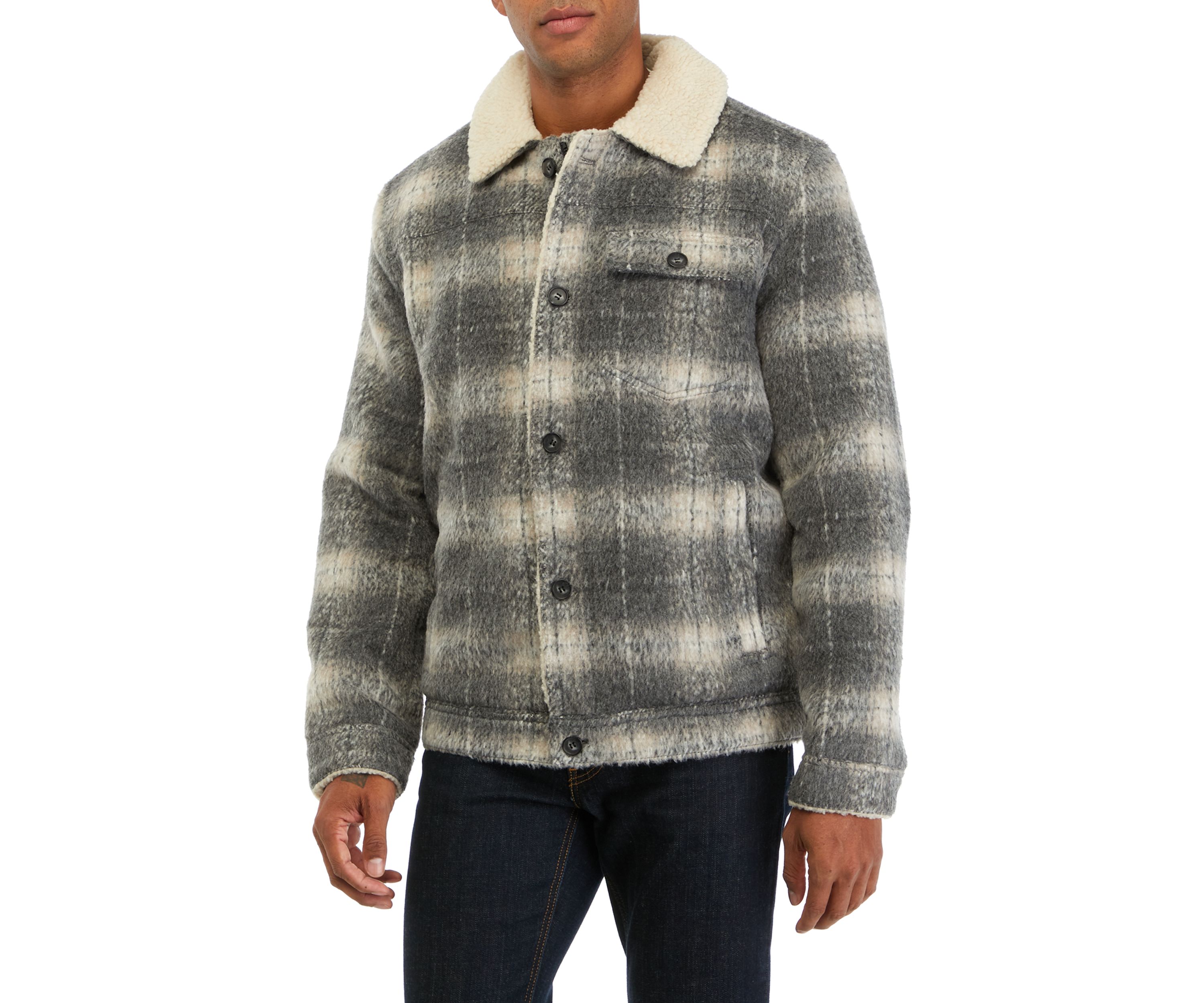 Plaid Faux Shearling Lined Trucker Jacket