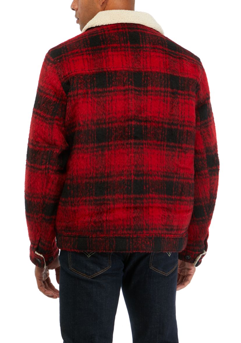 Plaid Faux Shearling Lined Trucker Jacket