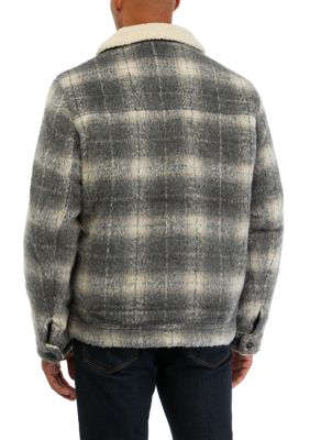 Plaid Faux Shearling Lined Trucker Jacket