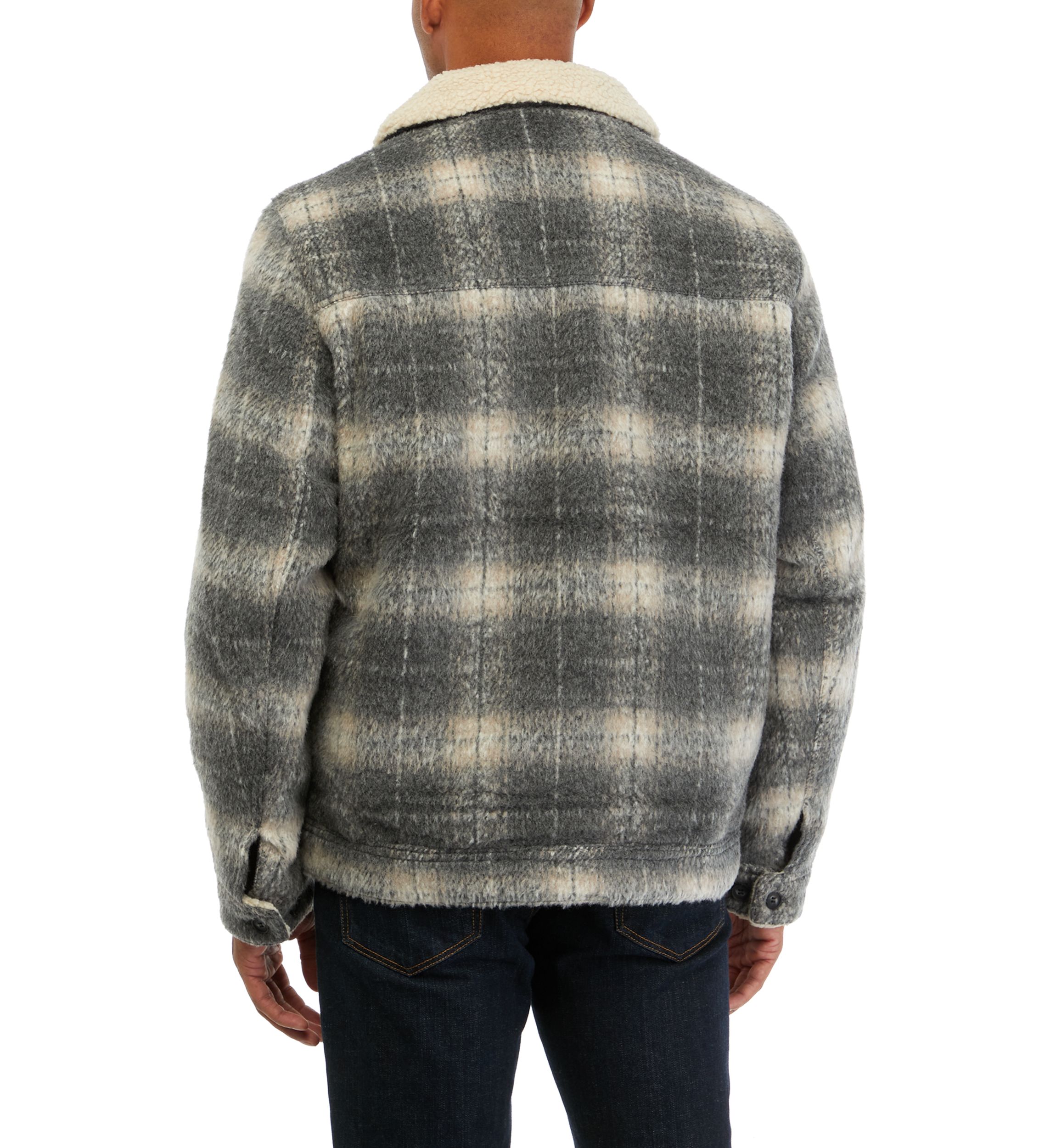 Plaid Faux Shearling Lined Trucker Jacket