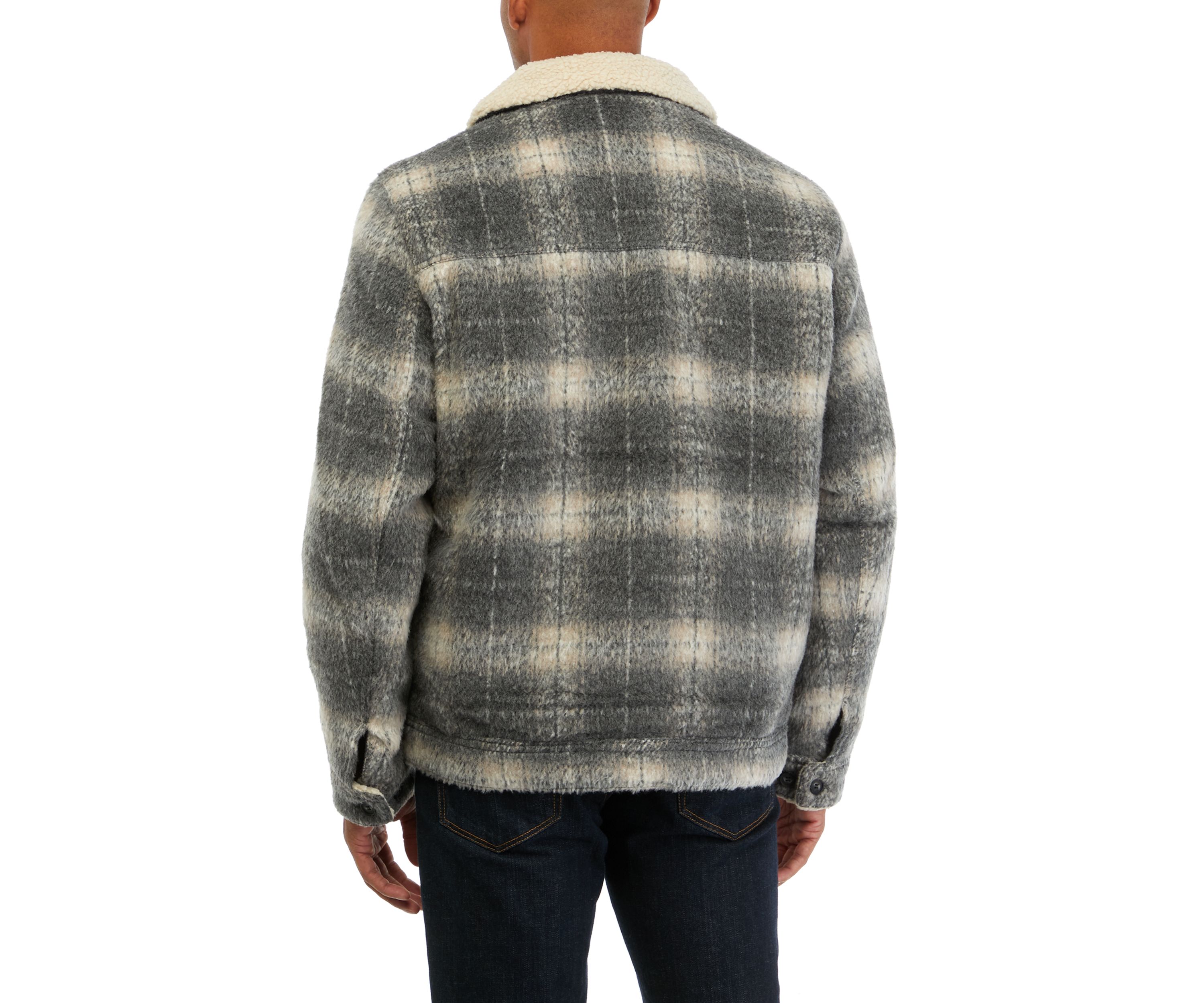 Plaid Faux Shearling Lined Trucker Jacket