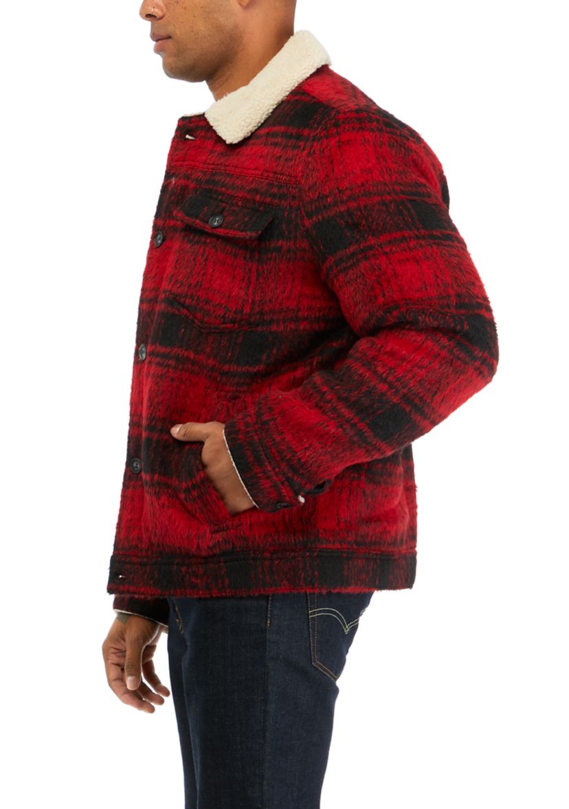 Plaid Faux Shearling Lined Trucker Jacket
