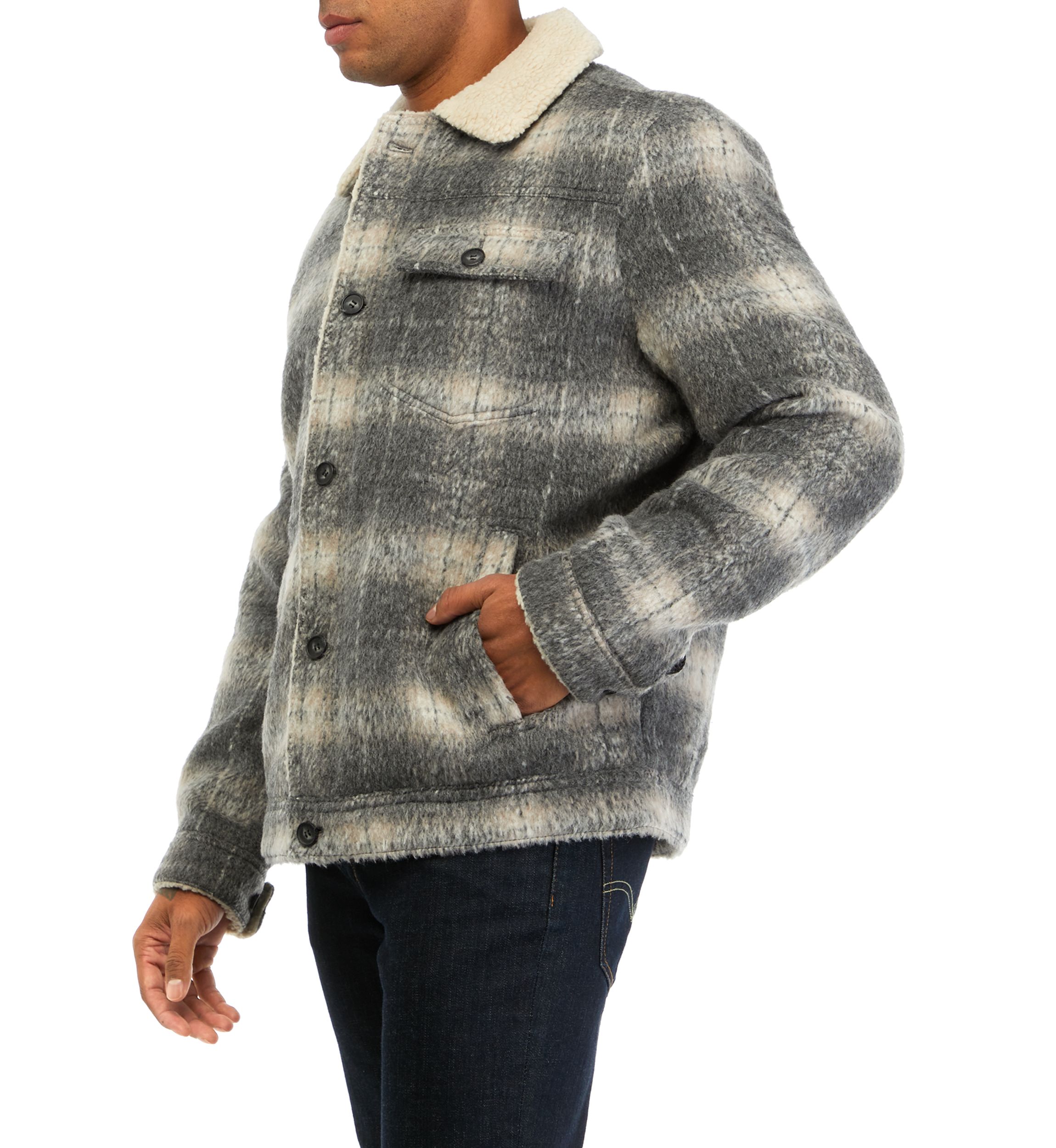 Plaid Faux Shearling Lined Trucker Jacket