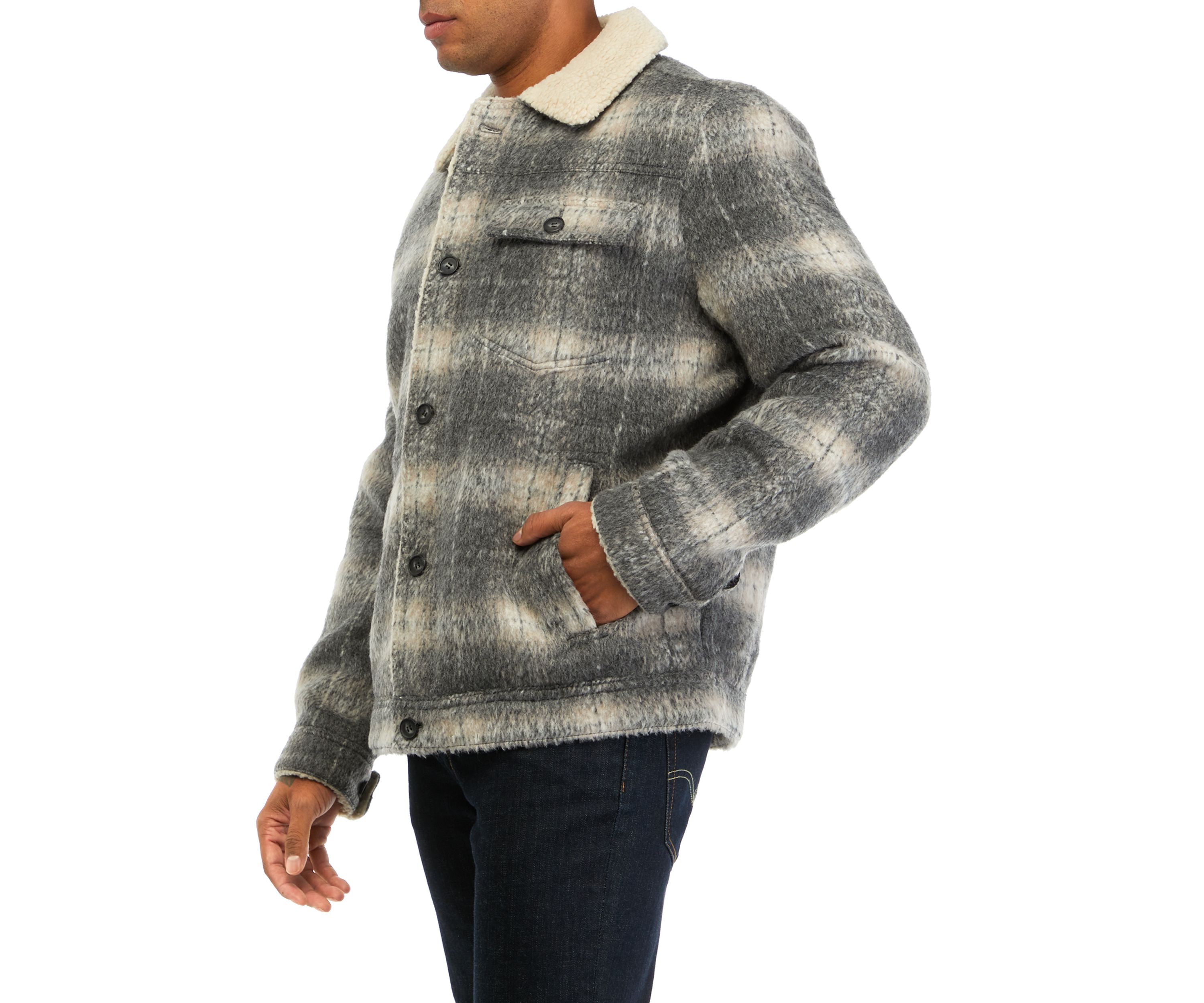 Plaid Faux Shearling Lined Trucker Jacket