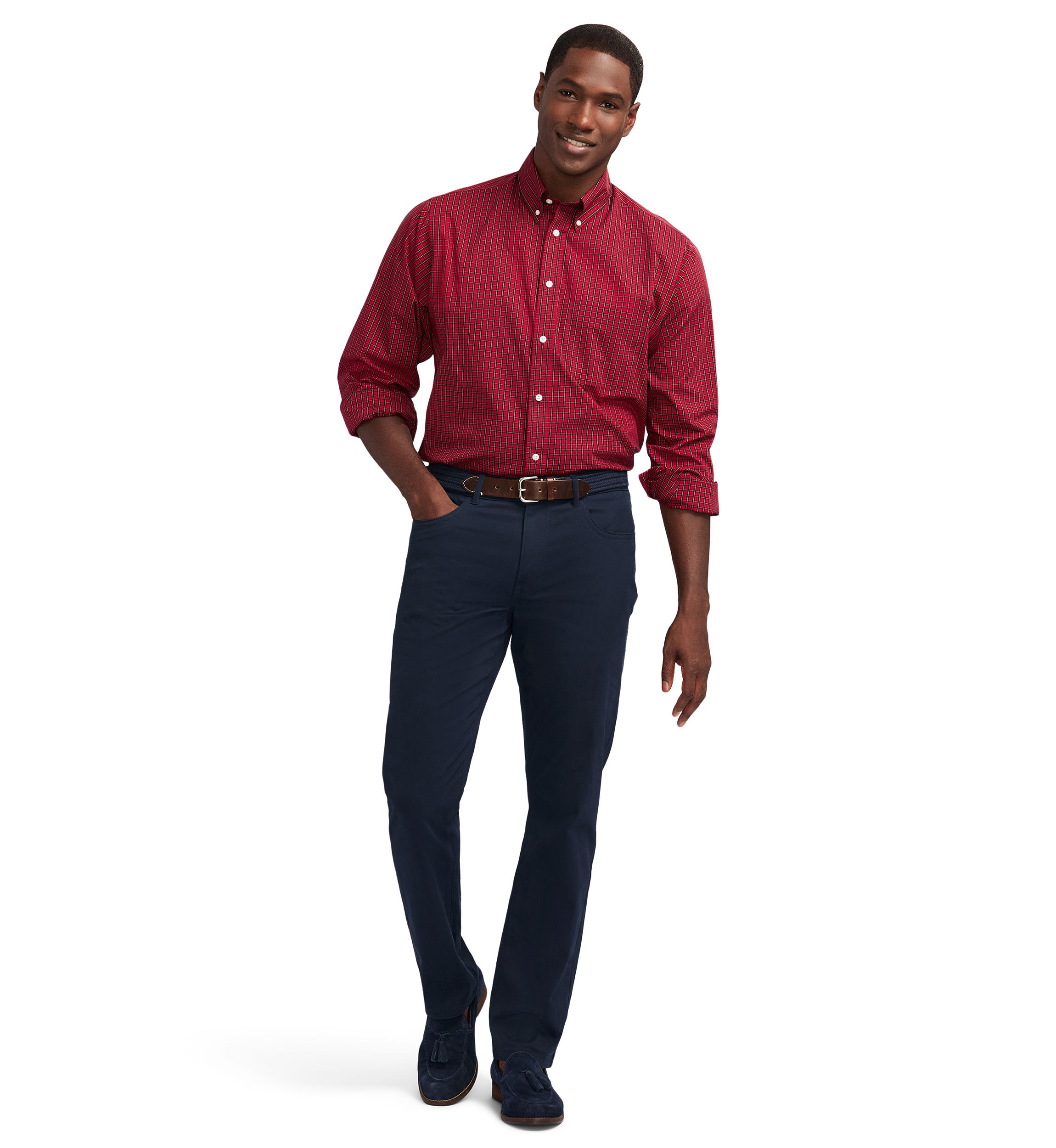 Tartan Printed Regular Fit Button Down Stretch Shirt