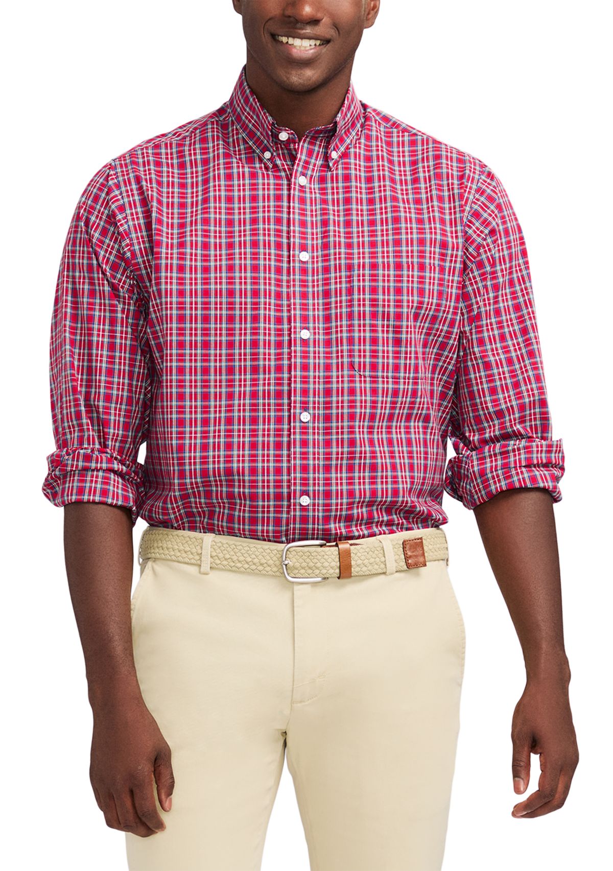 Tartan Printed Regular Fit Button Down Stretch Shirt