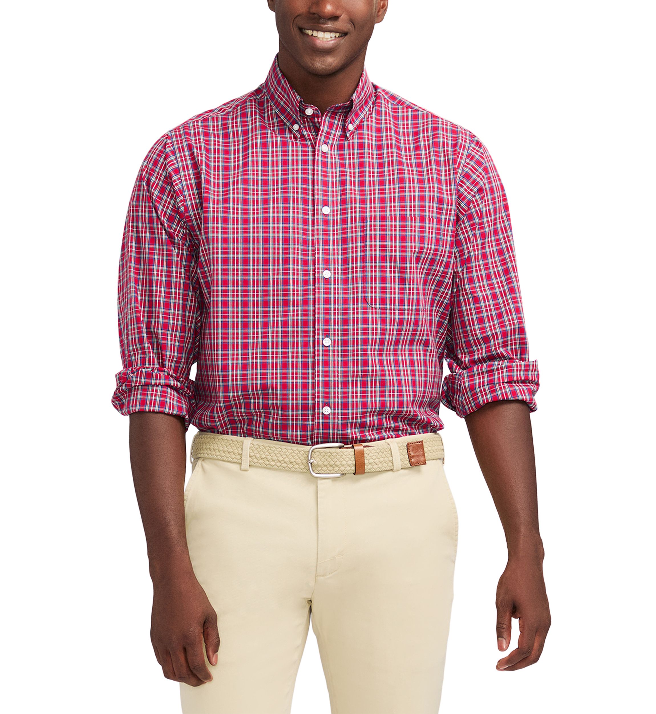 Tartan Printed Regular Fit Button Down Stretch Shirt