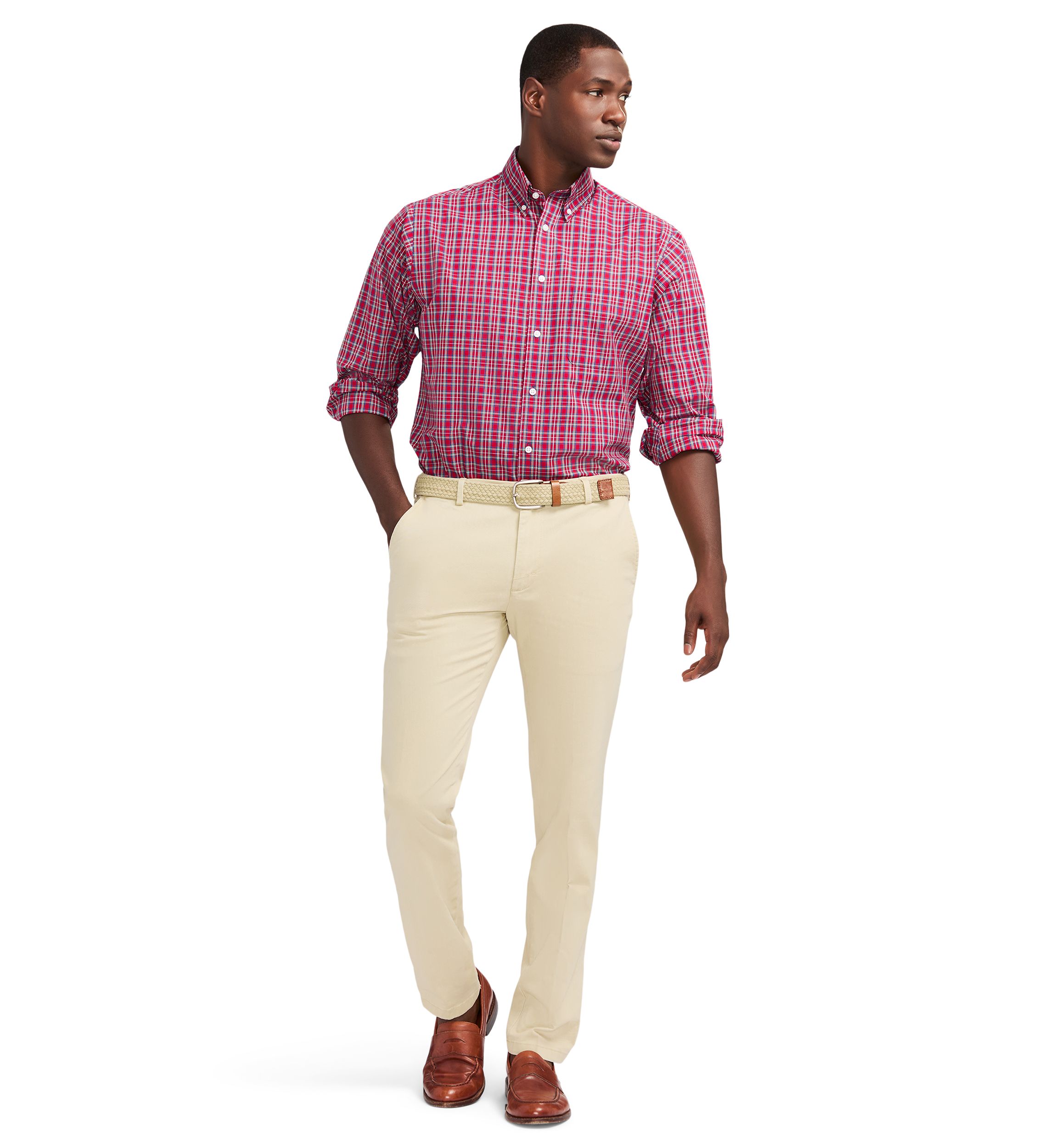 Tartan Printed Regular Fit Button Down Stretch Shirt
