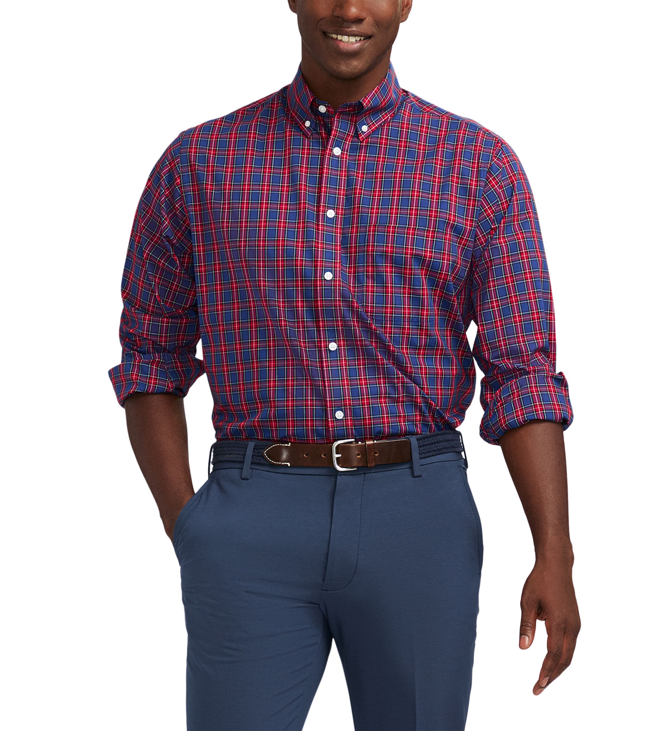 Tartan Printed Regular Fit Button Down Stretch Shirt