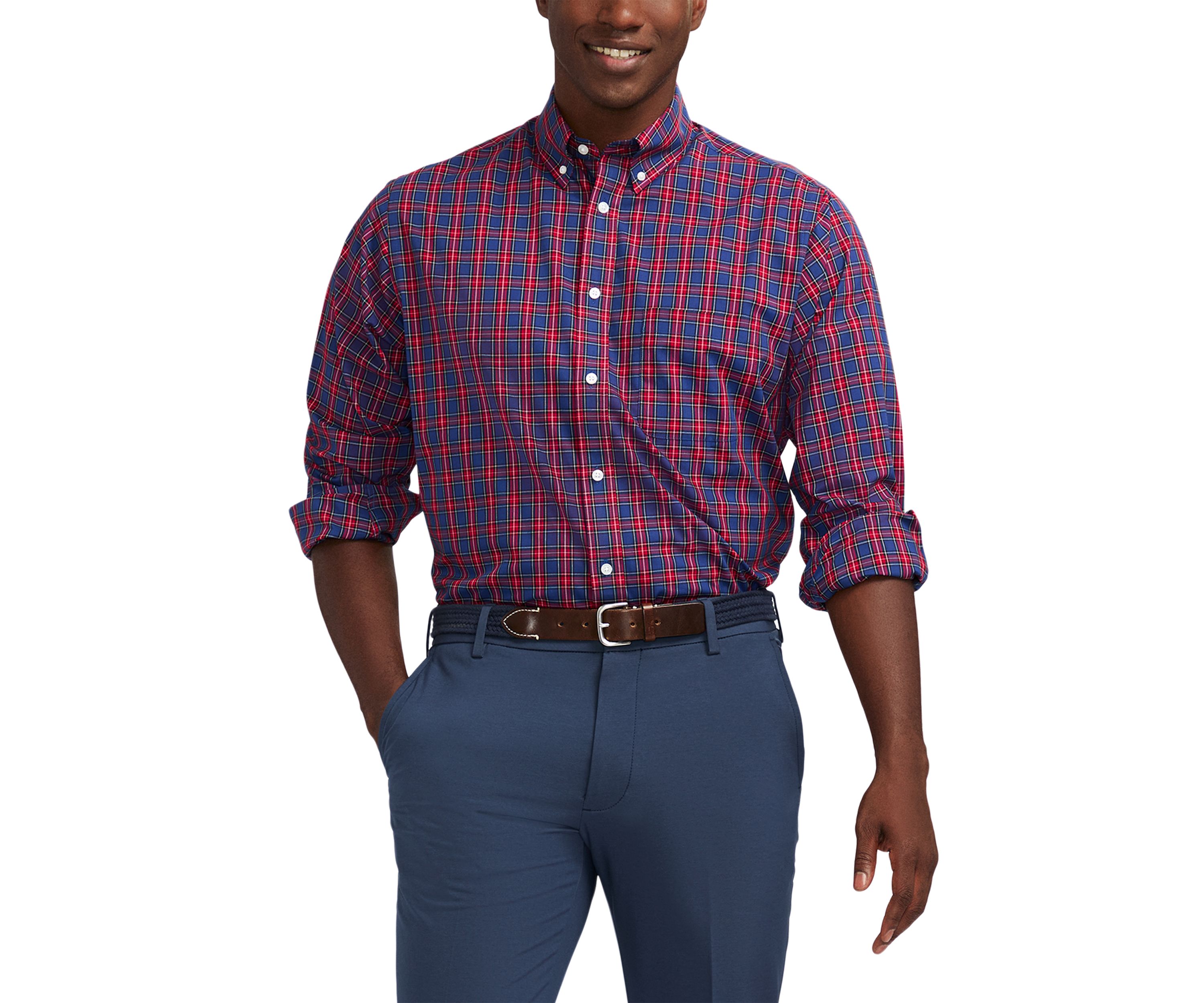 Tartan Printed Regular Fit Button Down Stretch Shirt