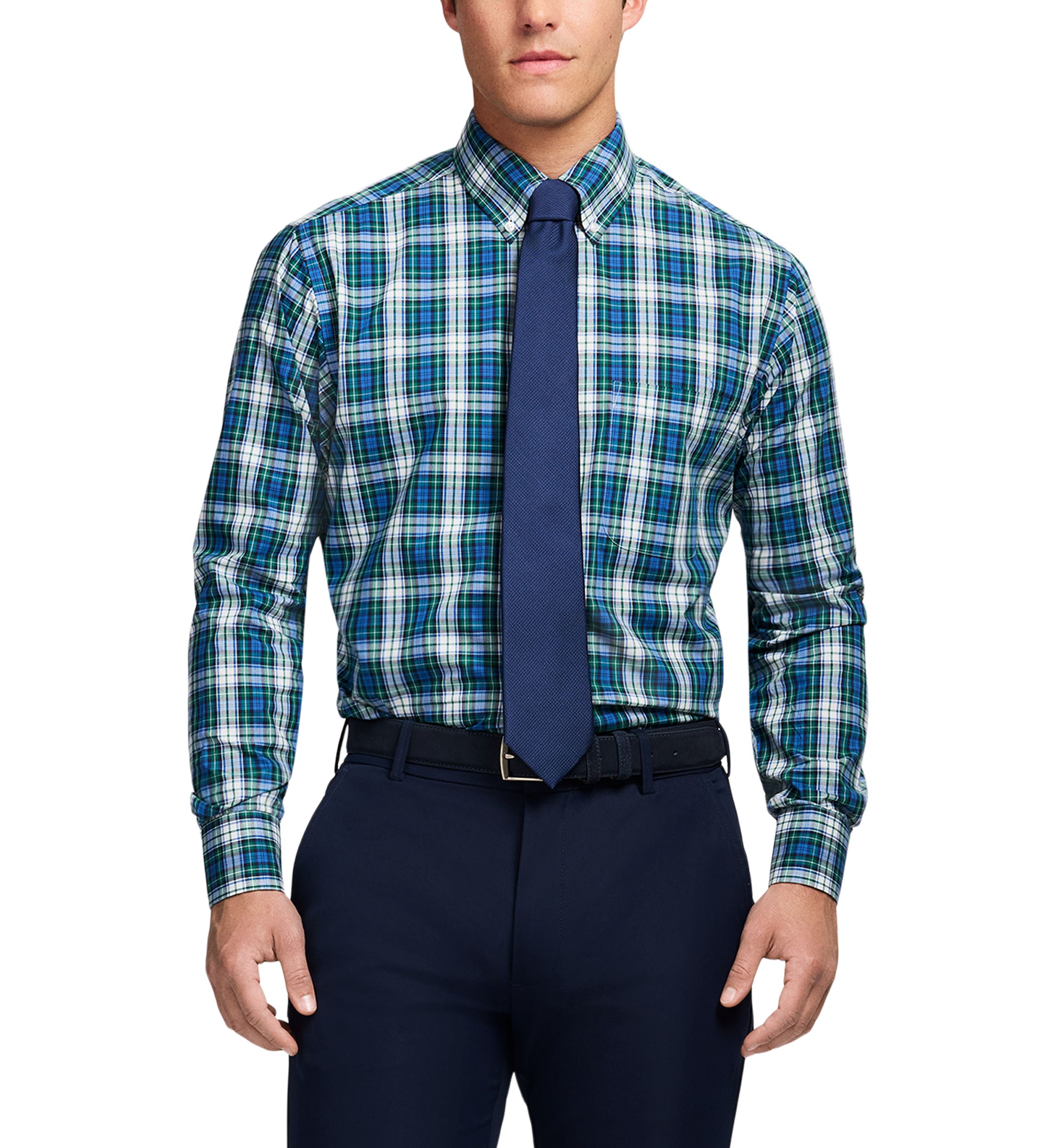 Long Sleeve All Over Stretch Regular Fit Tartan Button Down Shirt