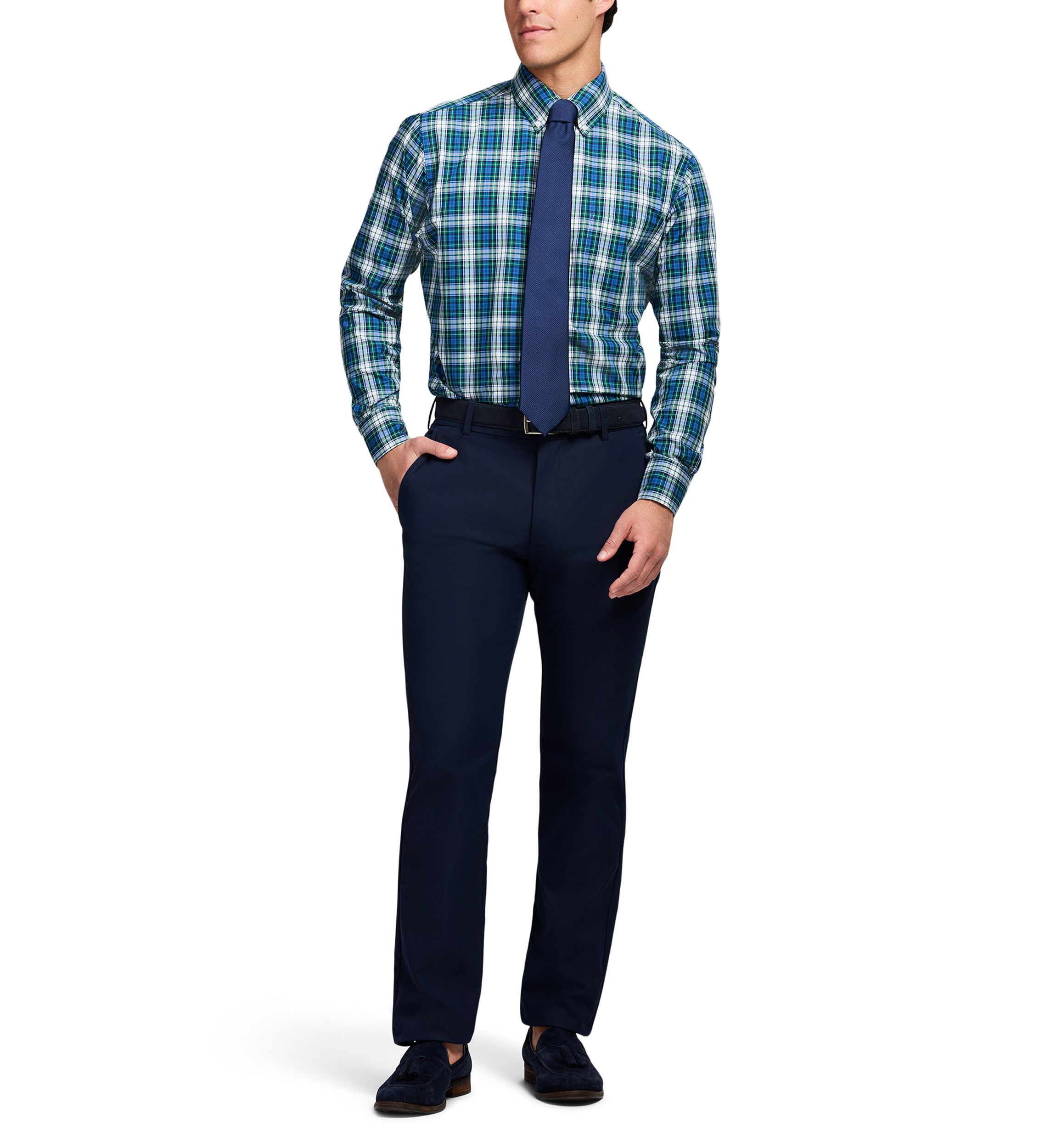Long Sleeve All Over Stretch Regular Fit Tartan Button Down Shirt