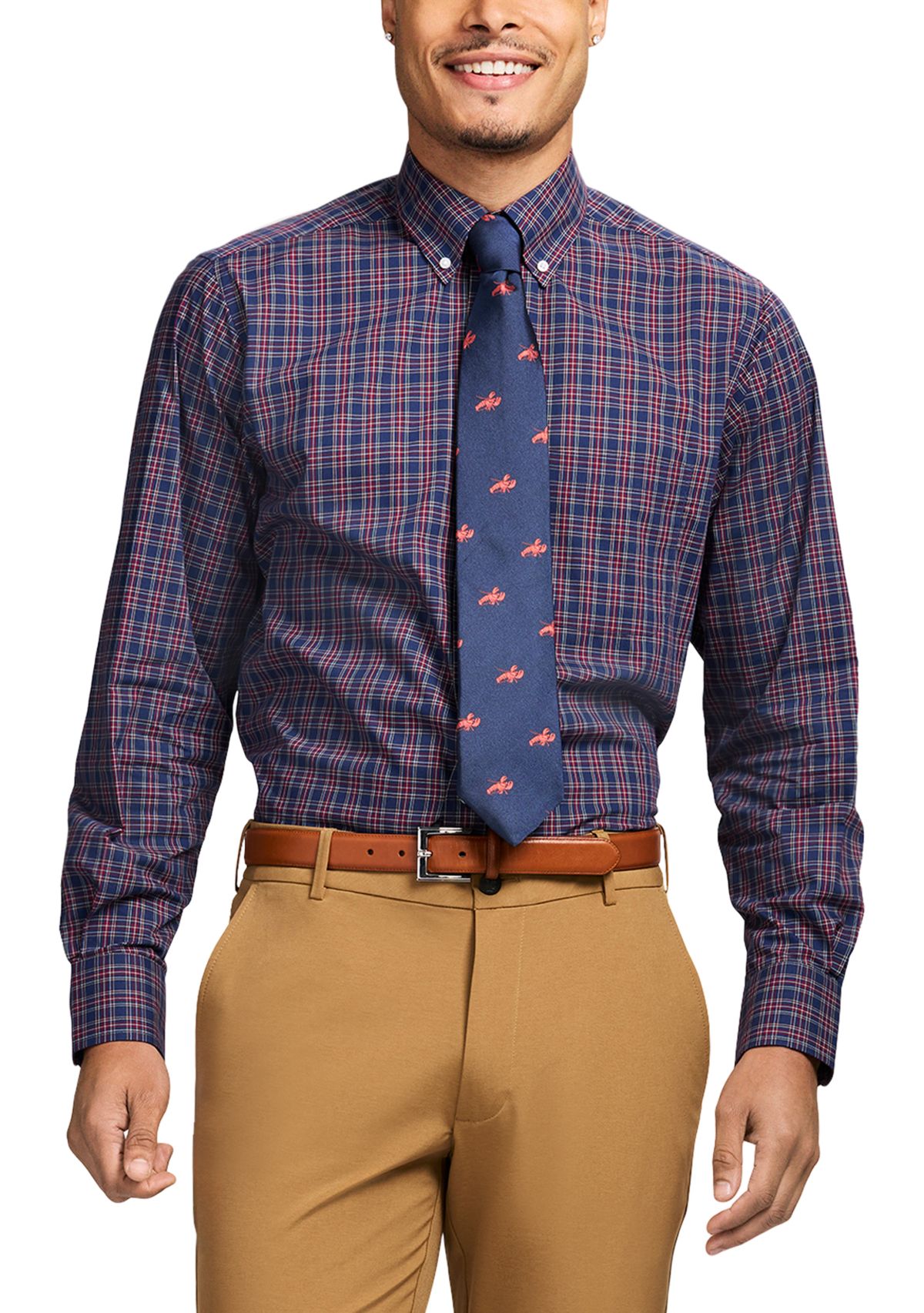 Long Sleeve All Over Stretch Regfular Fit Tartan Button Down Shirt 