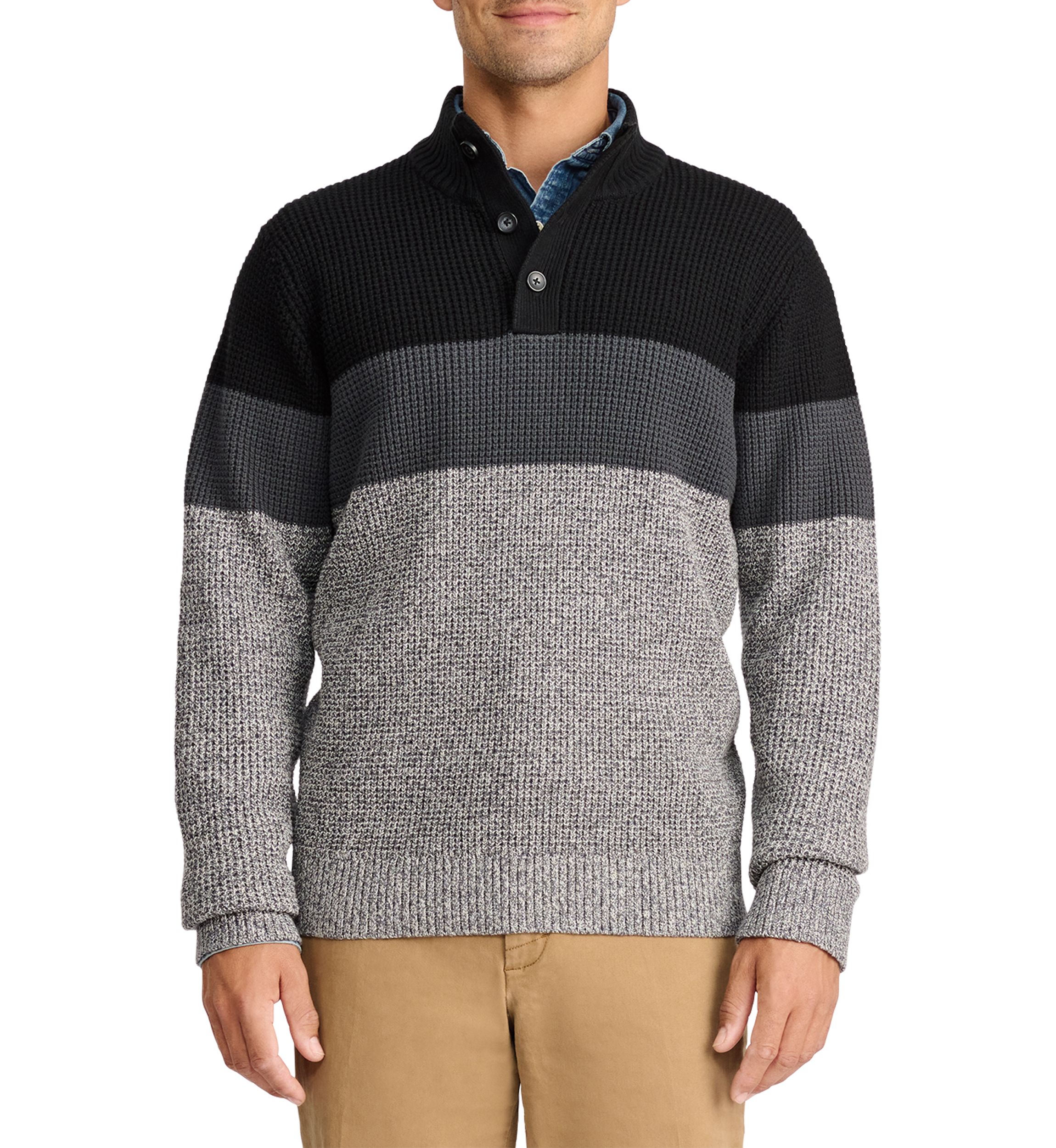 Weekend Color Blocked Button Mock Shaker Sweater