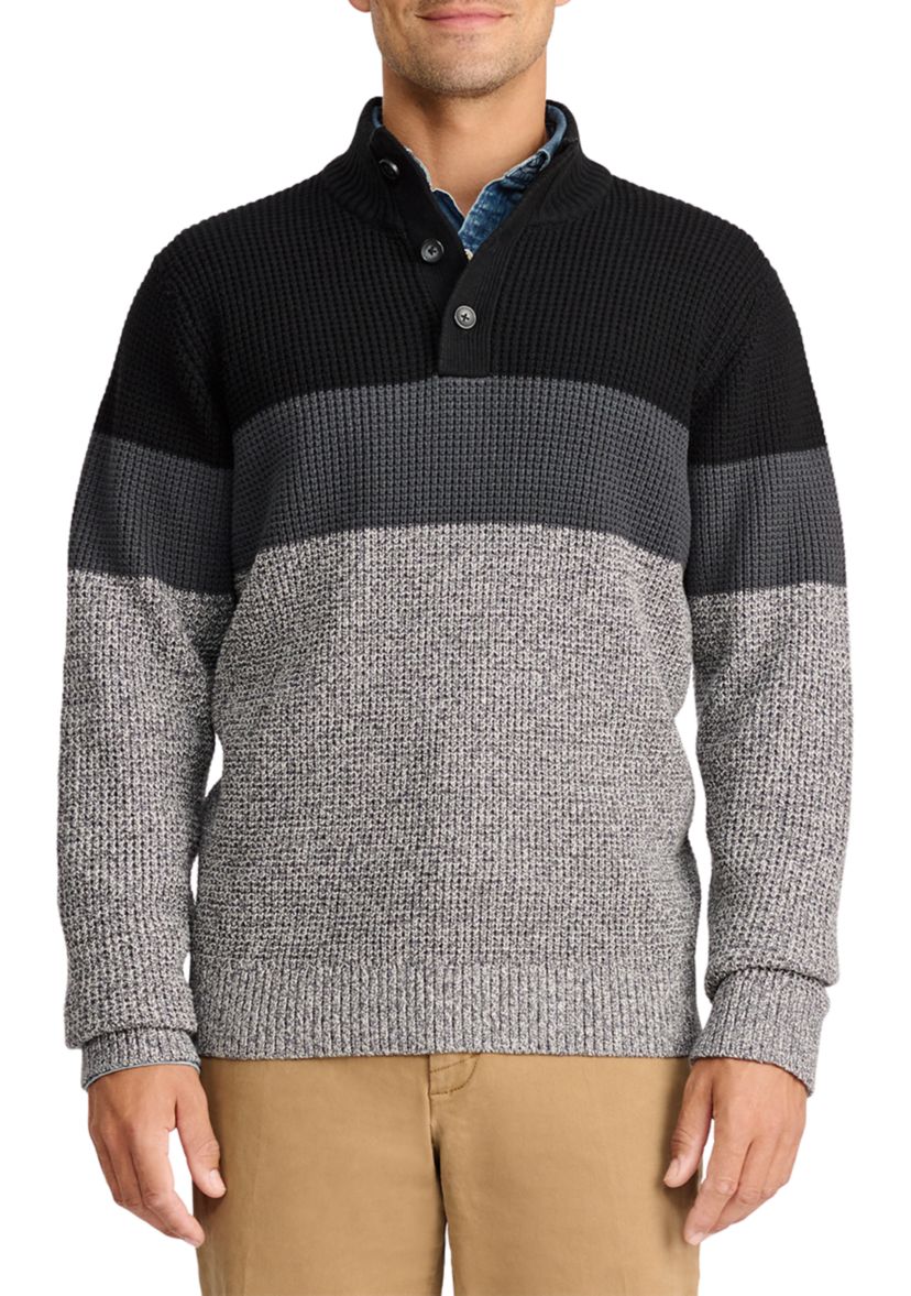Weekend Color Blocked Button Mock Shaker Sweater