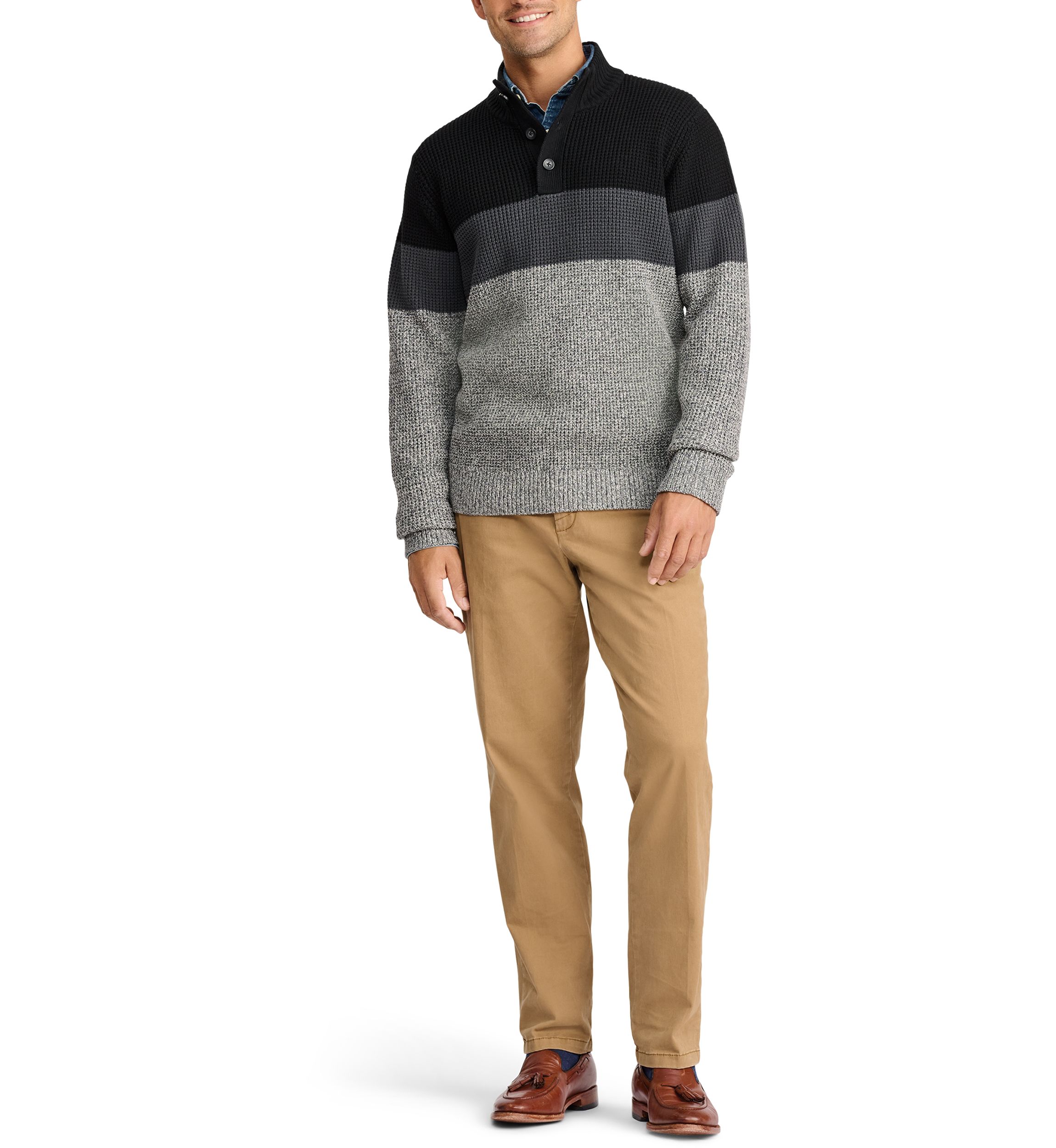 Weekend Color Blocked Button Mock Shaker Sweater