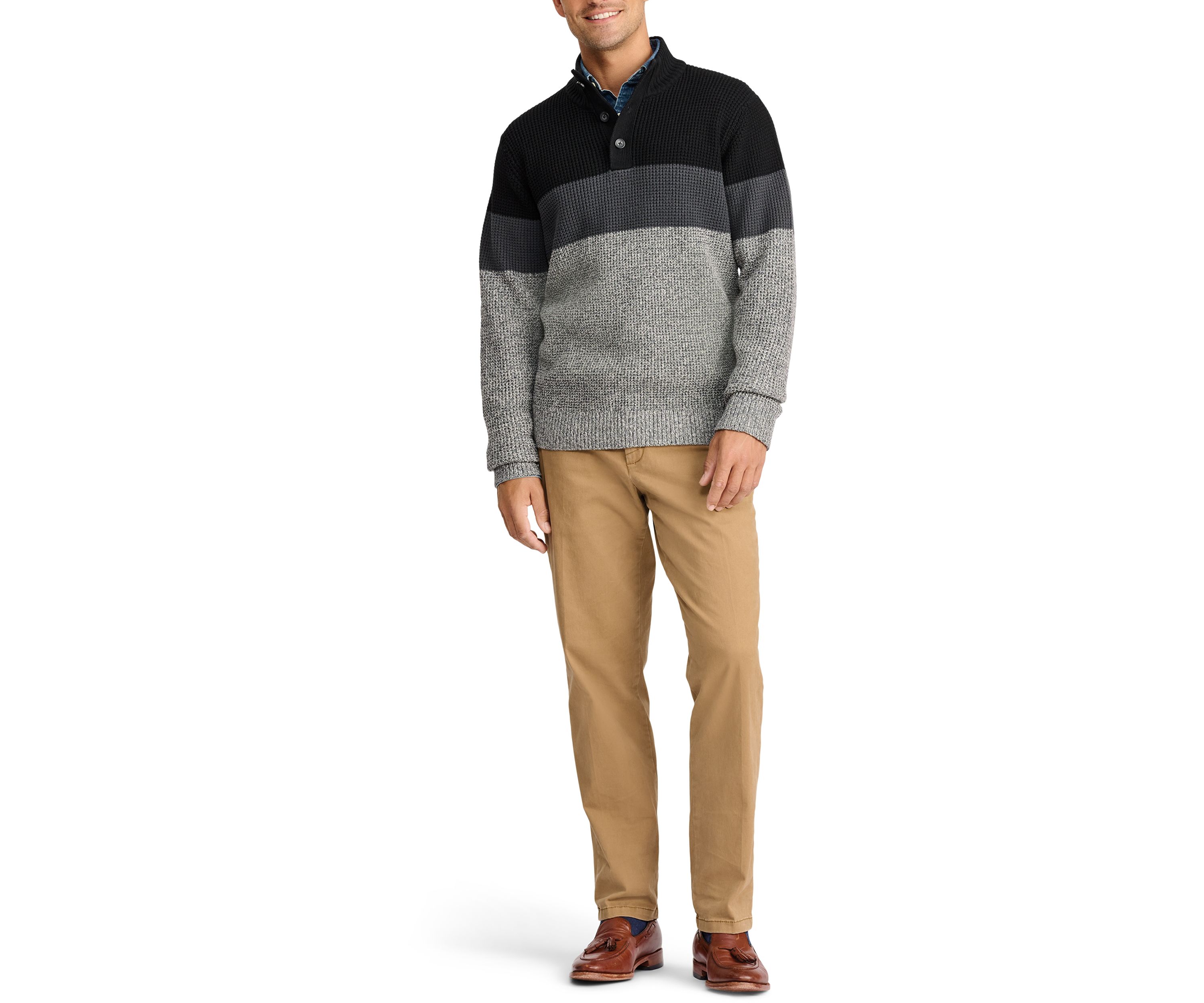 Weekend Color Blocked Button Mock Shaker Sweater