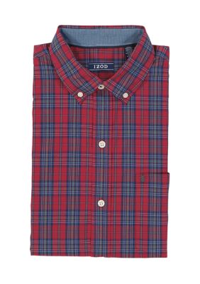 IZOD Men's Holiday Tartan Long Sleeve Button Down Dress Shirt, Red, Small