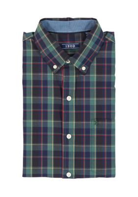 IZOD Men's Holiday Tartan Long Sleeve Button Down Dress Shirt, Green, Small