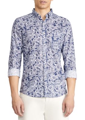 IZOD Men's Floral Printed Button Down Shirt, Blue, Small