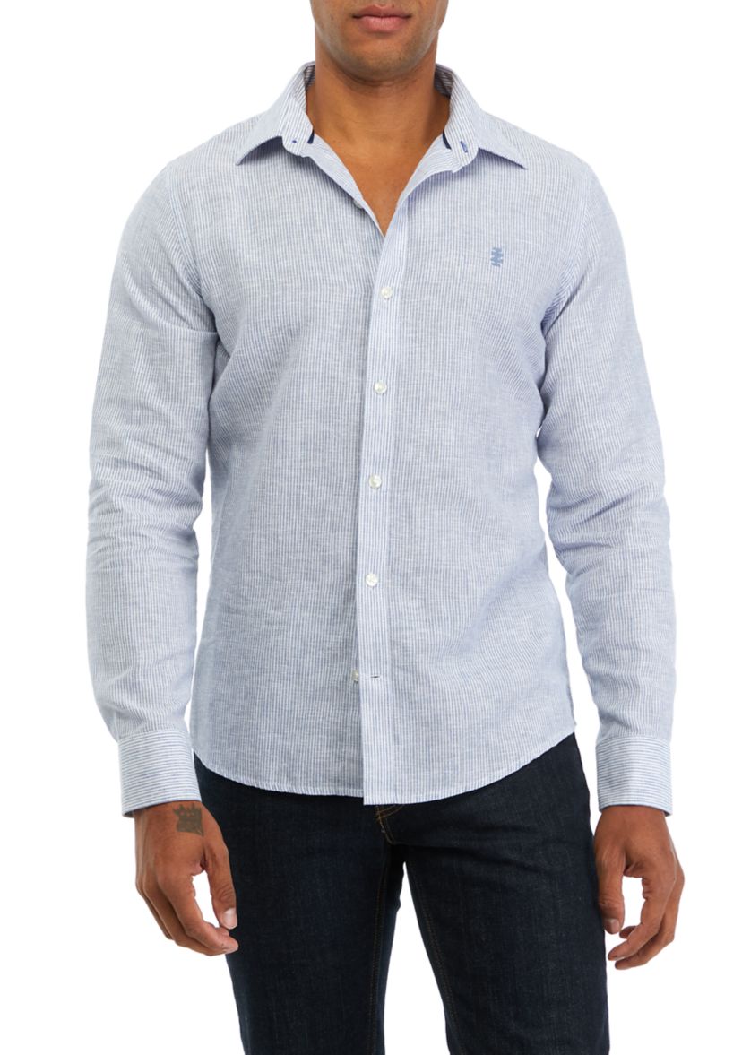 Mens Long Sleeve Striped Linen Button Down Shirt