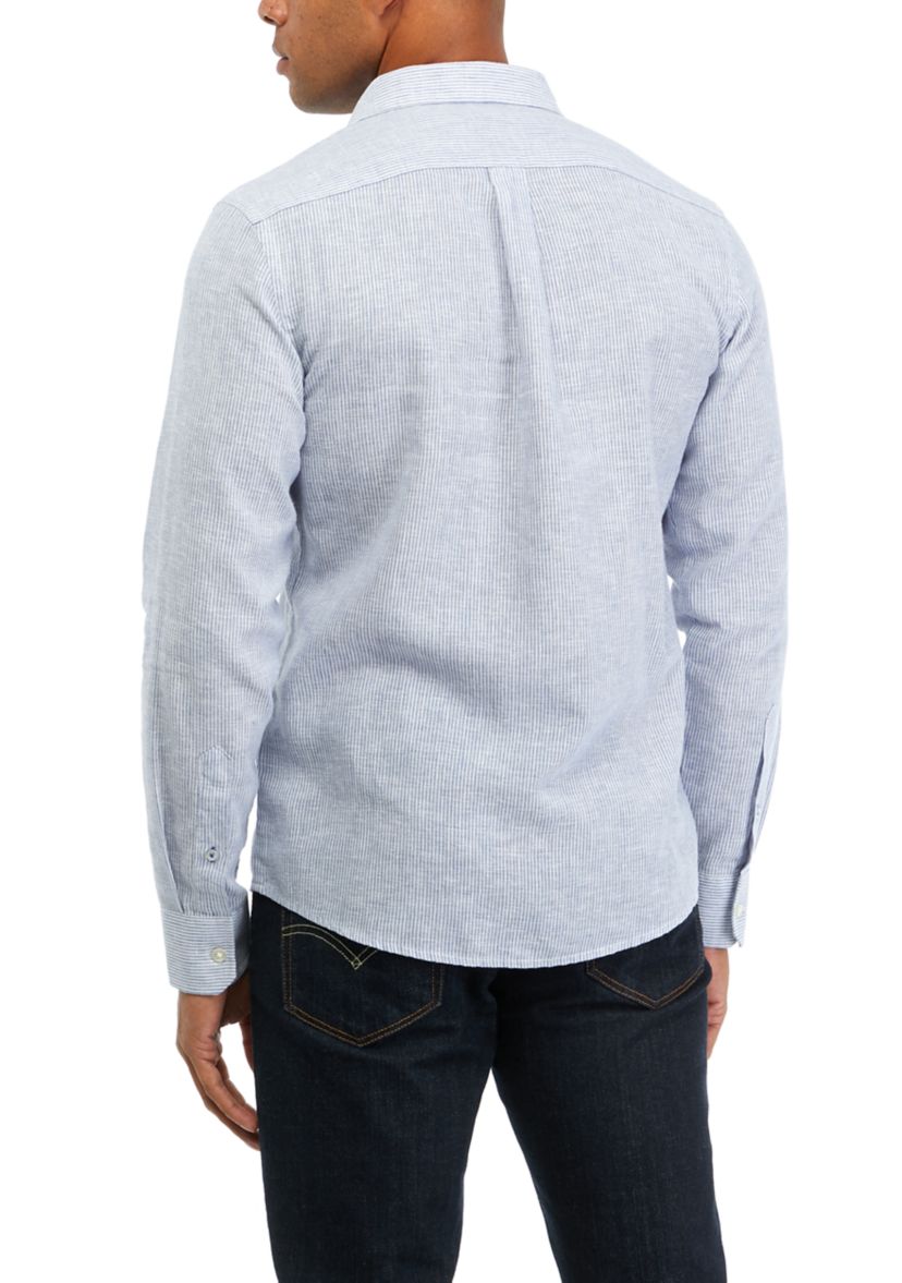 Mens Long Sleeve Striped Linen Button Down Shirt