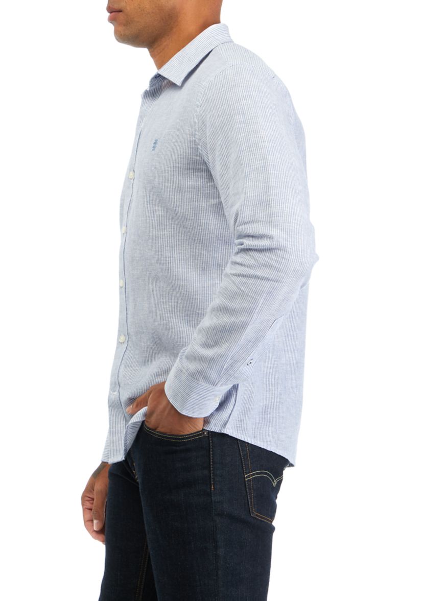 Mens Long Sleeve Striped Linen Button Down Shirt