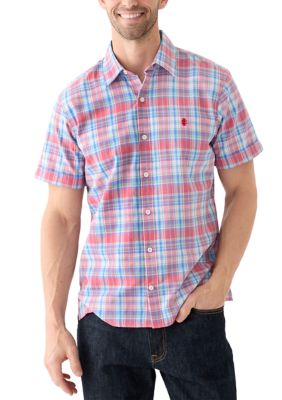 IZOD Men's Short Sleeve Madras Plaid Printed Linen Shirt, Medium